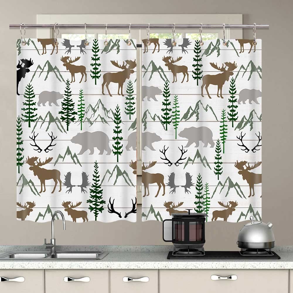 Bear Kitchen Window Curtain - Rustic Cabin Lodge Forest Theme with Moose & Wild Animals Design, Farmhouse Window Treatment Set with Hooks, 52x63 Inches - Perfect for Cabin, Lodge, or Country Kitchen Decor