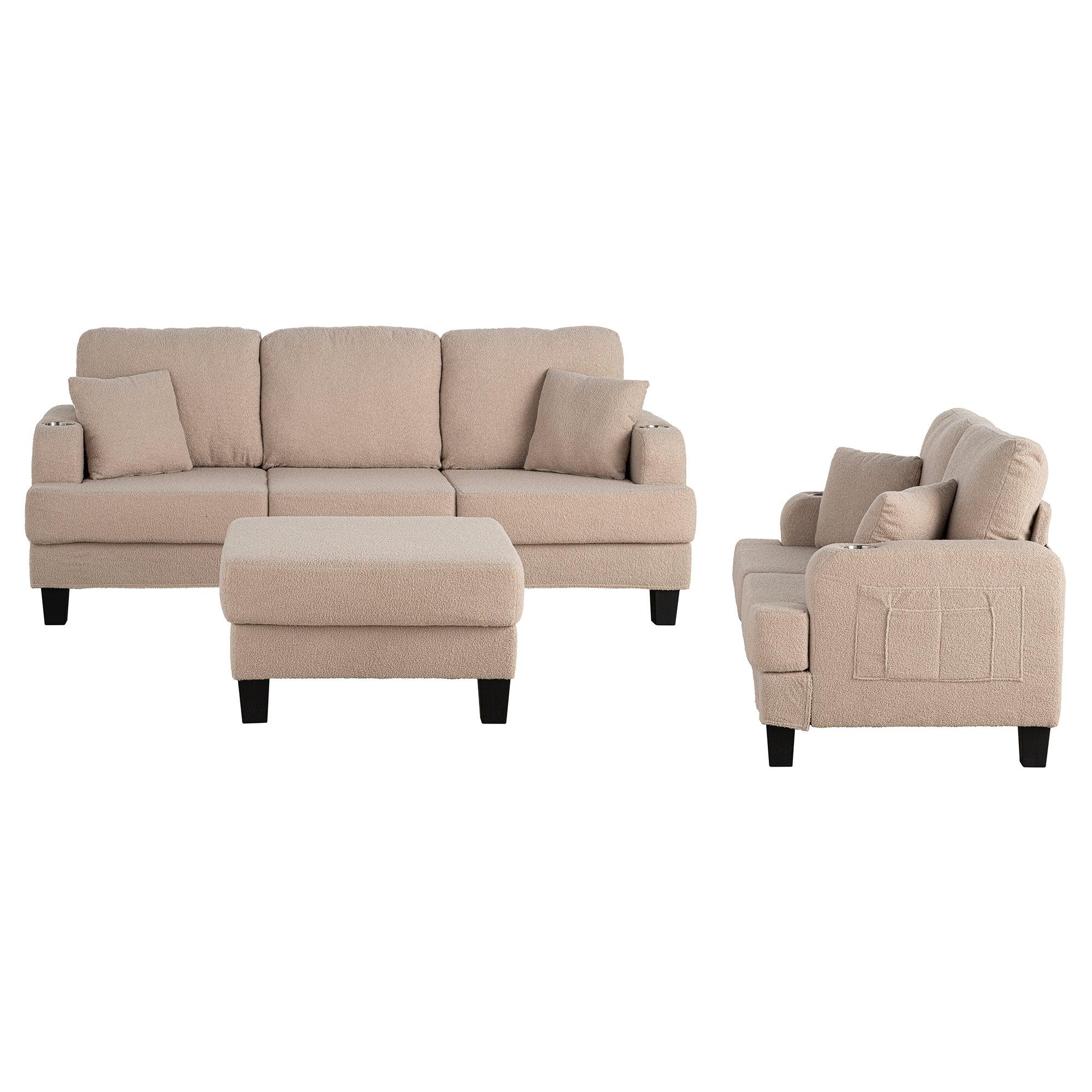 Beige 3-Piece Sofa Set with Storage Ottoman & USB Charging Ports - Modern Living Room Furniture for Small Spaces, Apartments & Home Theater Seating