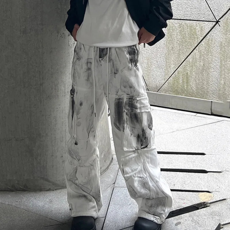 American Style Men's Denim Pants - Casual Splash Ink Tie-Dye Jeans with Big Pockets & Contrast Color | Trendy Streetwear for Everyday Wear & Fashion Outfits