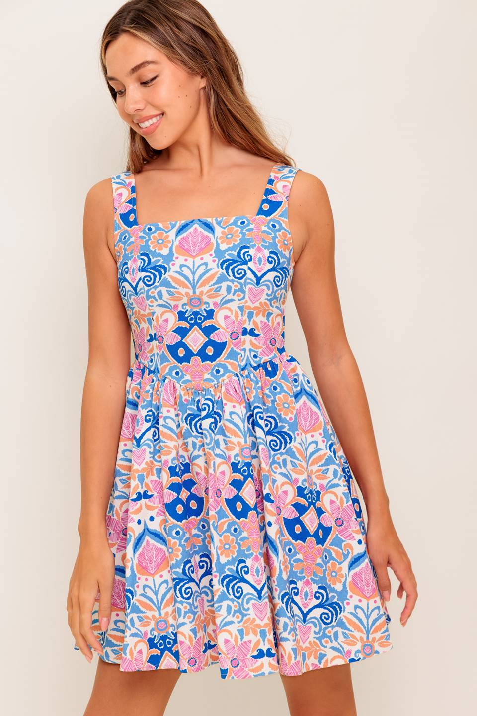 Kendra Blue Coral Print Mini Dress - Flowy Summer Beach Dress for Women, Perfect for Vacations, Parties & Date Nights