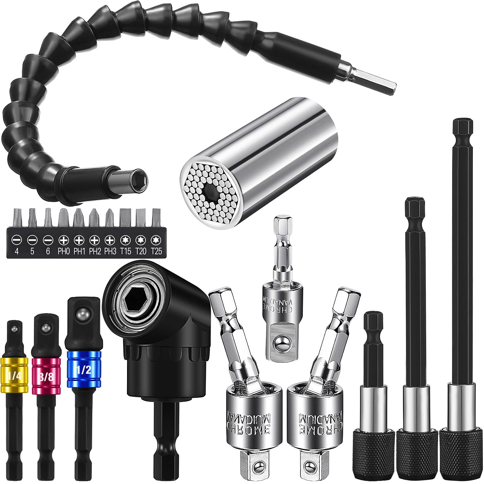 22-Piece Flexible Drill Bit Extension Set - Hex Shank Bendable Drill Bits, 1/4