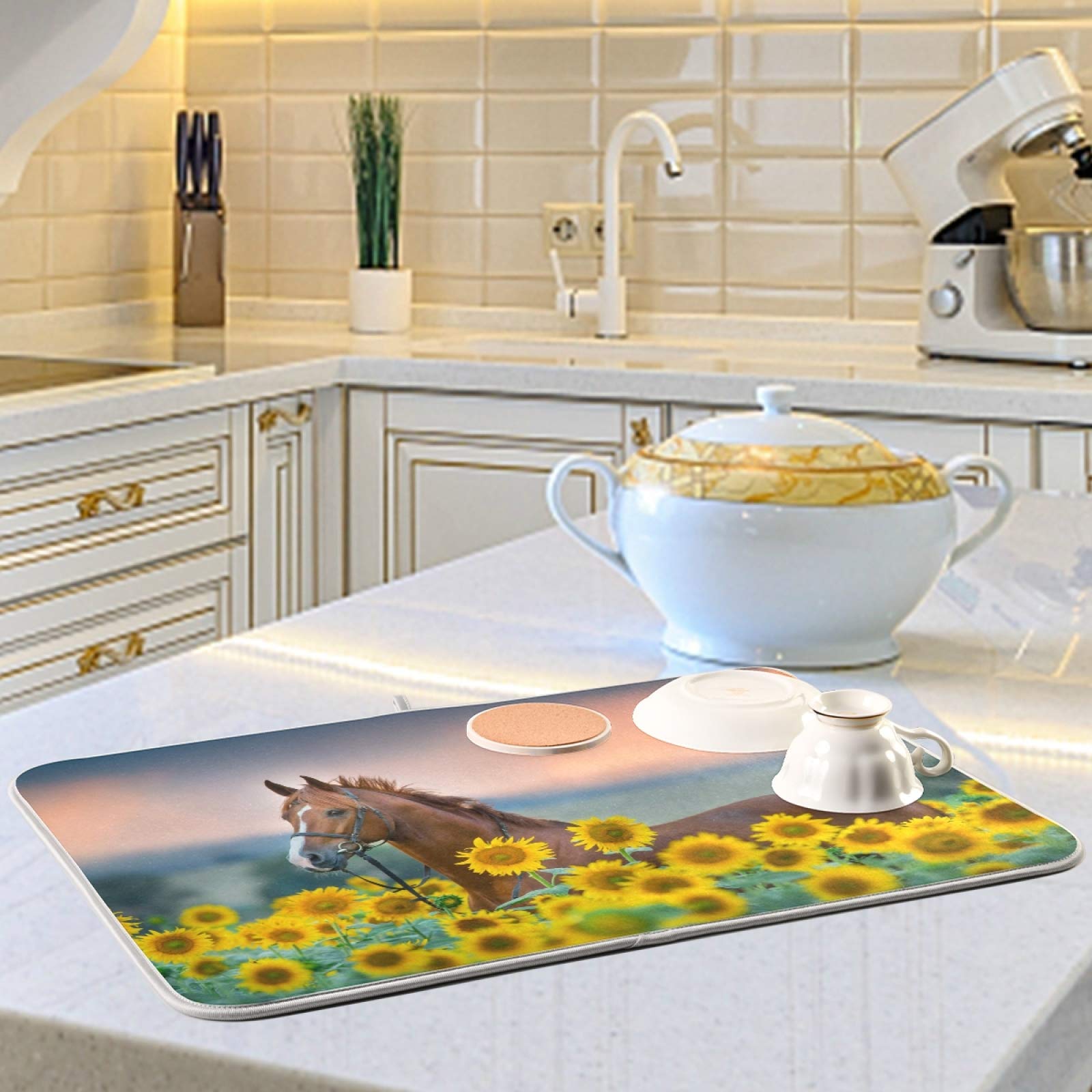 ALAZA Horse Sunflowers Dish Drying Mat - Super Absorbent Microfiber Kitchen Countertop Pad (16x18 Inch) for Dishes, Utensils & Cookware - Perfect for Drying, Decorating & Protecting Countertops