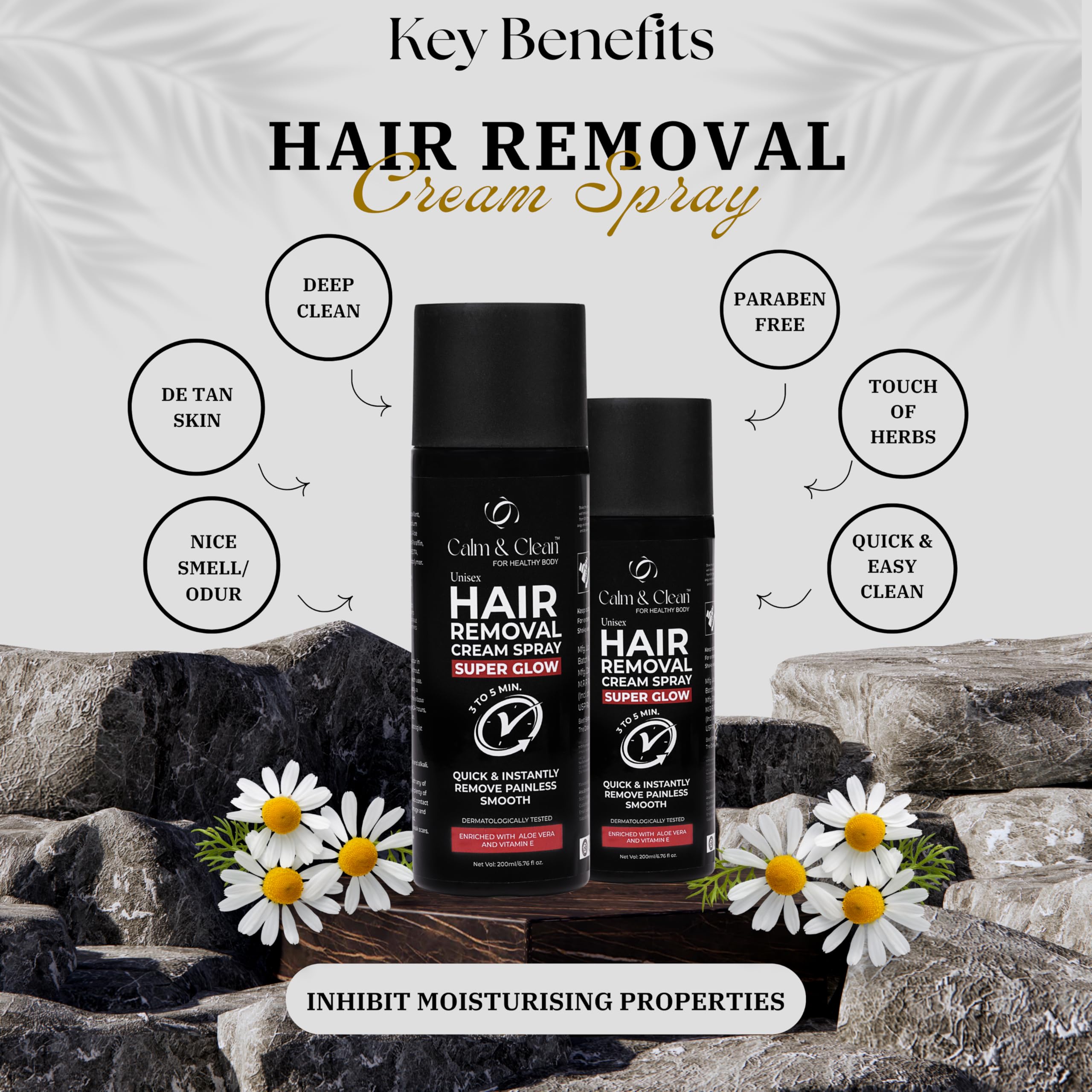 CALM & CLEAN Painless Hair Removal Spray for Women & Men - 200ml | Non-Toxic Depilatory Cream for Chest, Legs & Underarms | Enriched with Aloe Vera & Vitamin E | Gentle & Effective Body Hair Removal | Perfect for Smooth Skin at Home, Gym or Beach | Pack of 1