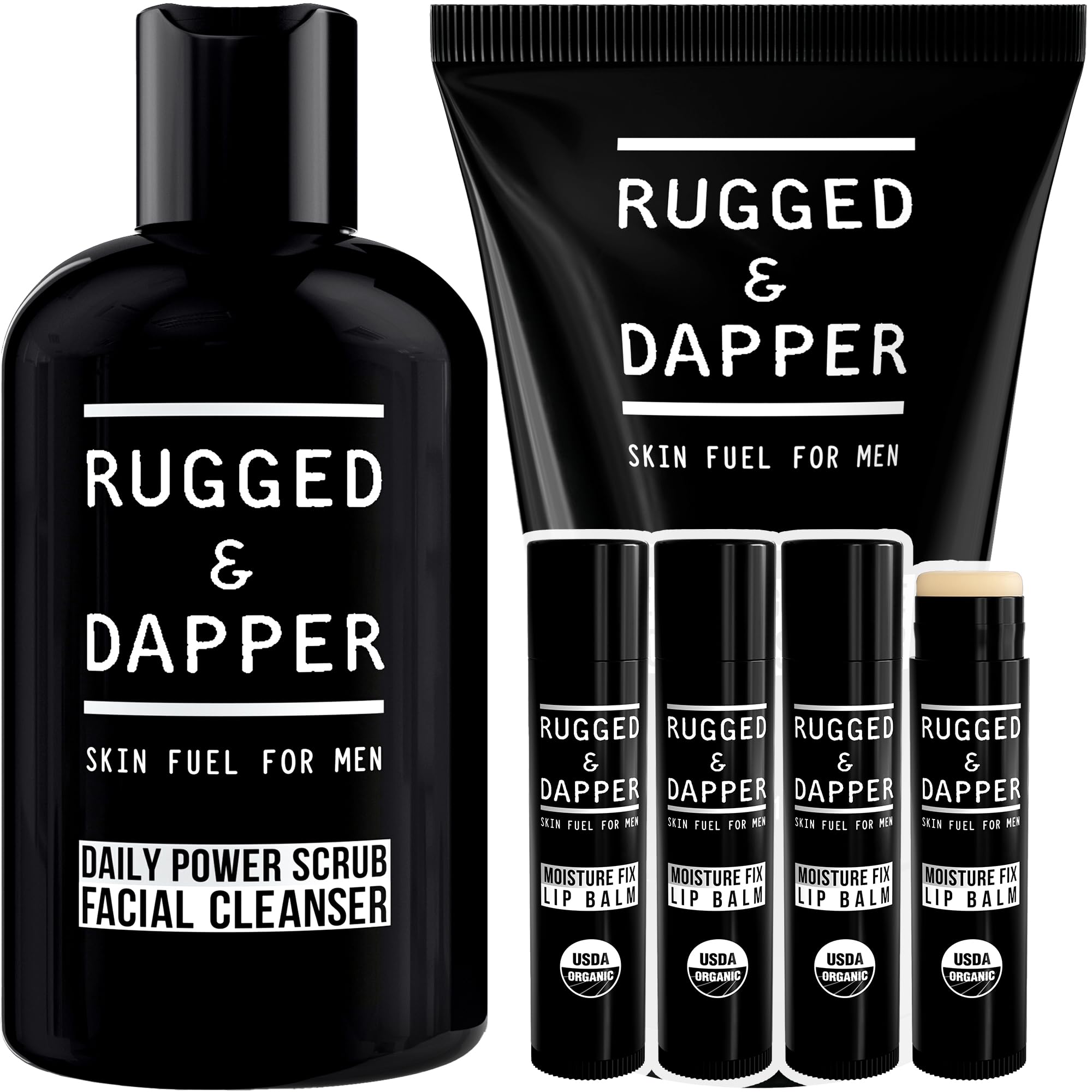 RUGGED & DAPPER Hydration Remedy Lip Balm, Age Defense Face Moisturizer & Daily Power Scrub Facial Cleanser - 3-in-1 Skincare Set for Men | Hydrating Lip Care, Anti-Aging Face Cream & Exfoliating Face Wash | Perfect for Daily Grooming, Travel & Outdoor Activities