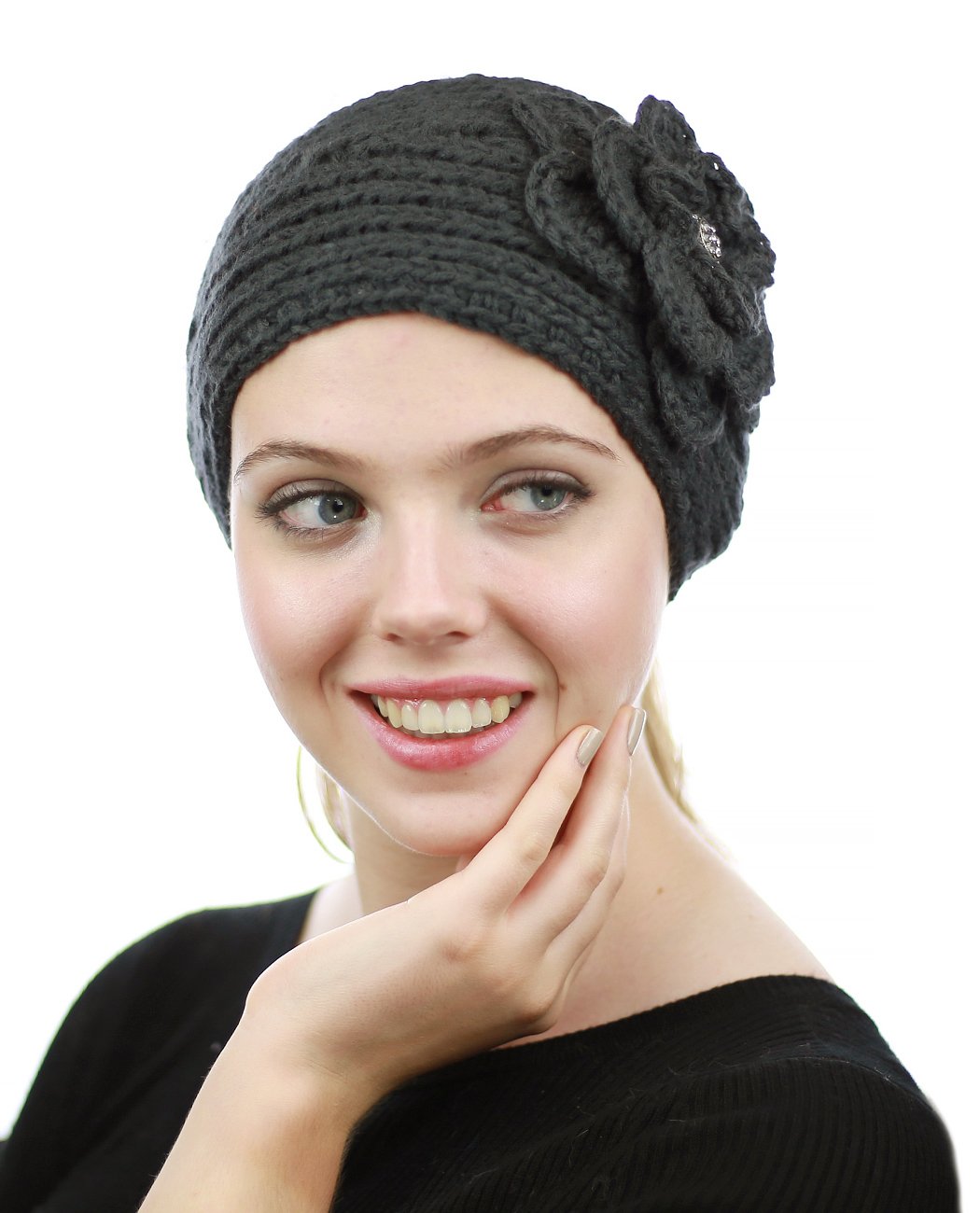NYFASHION101 Stone Accent Hand Knitted Flower Winter Headband - Warm Knit Headwrap for Women & Girls - Perfect for Cold Weather, Outdoor Activities & Fashion Accessories