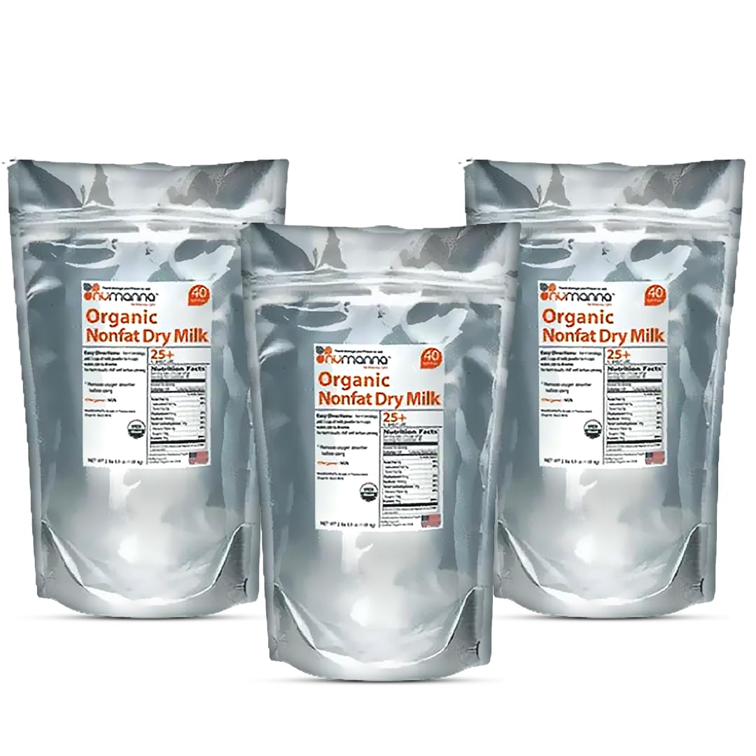 Numanna Premium Organic Non-Fat Milk Powder - USDA Certified, Hormone-Free, 40 Servings per Pouch (Pack of 3) | Long Shelf Life 10+ Years | Perfect for Emergency Food Storage, Baking, Coffee, Smoothies & Daily Nutrition | Made in USA