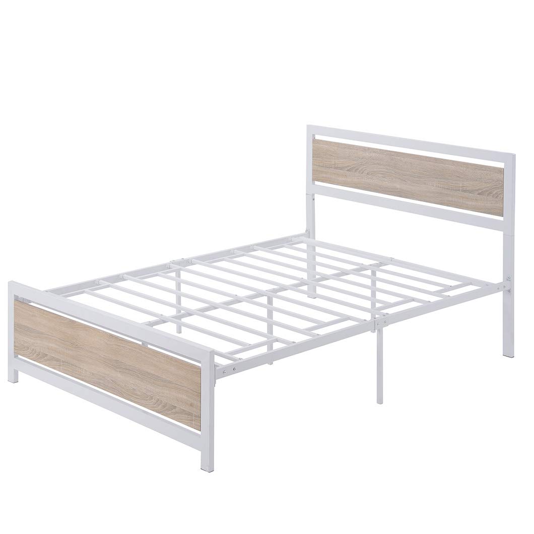 Full Size Bed Frame - Sturdy Metal & Wood Queen Bed with Headboard, No Box Spring Required, Easy Assembly - Perfect for Guest Rooms, Dorms & Small Apartments