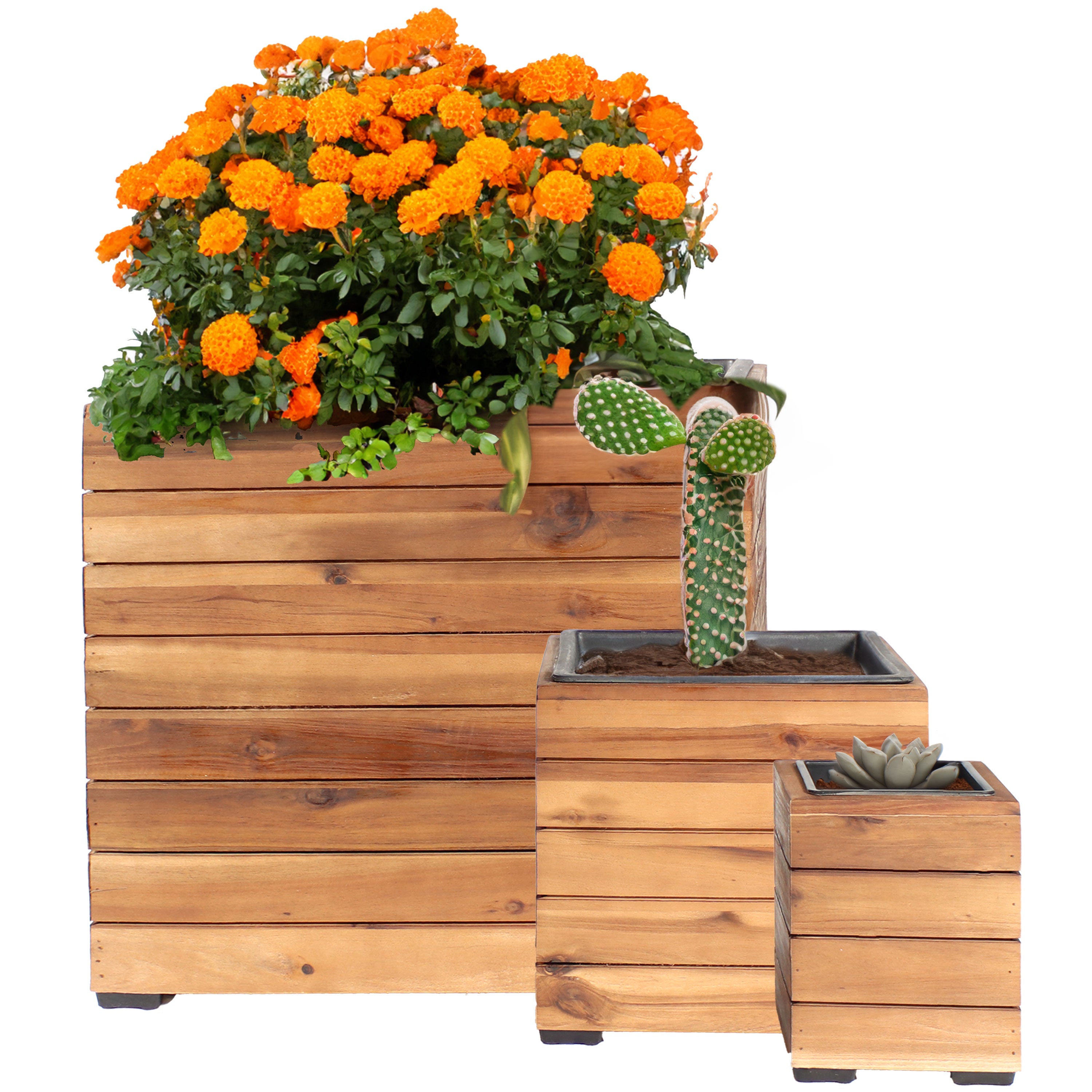 Sunnydaze 3-Piece Square Wooden Planter Box Set with Plastic Liners - Outdoor Garden Decor for Patio, Balcony & Backyard Planting