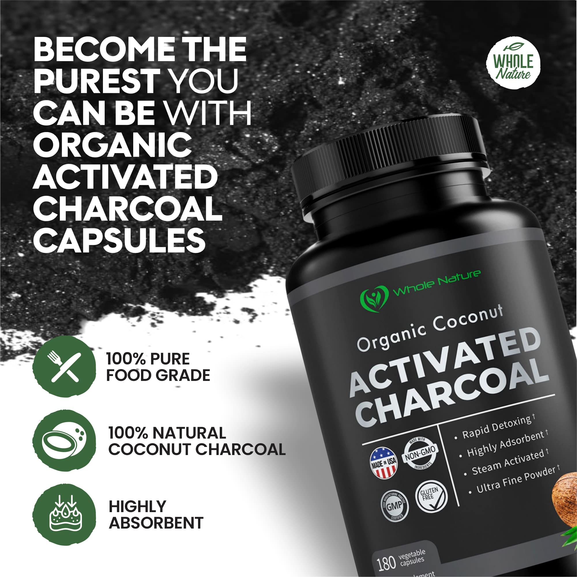 Pure Coconut Activated Charcoal Capsules - 180 Count | Natural Teeth Whitening, Bloating Relief & Body Detox | Non-GMO, Gluten Free, Vegan Supplement | Perfect for Daily Cleansing & Digestive Support