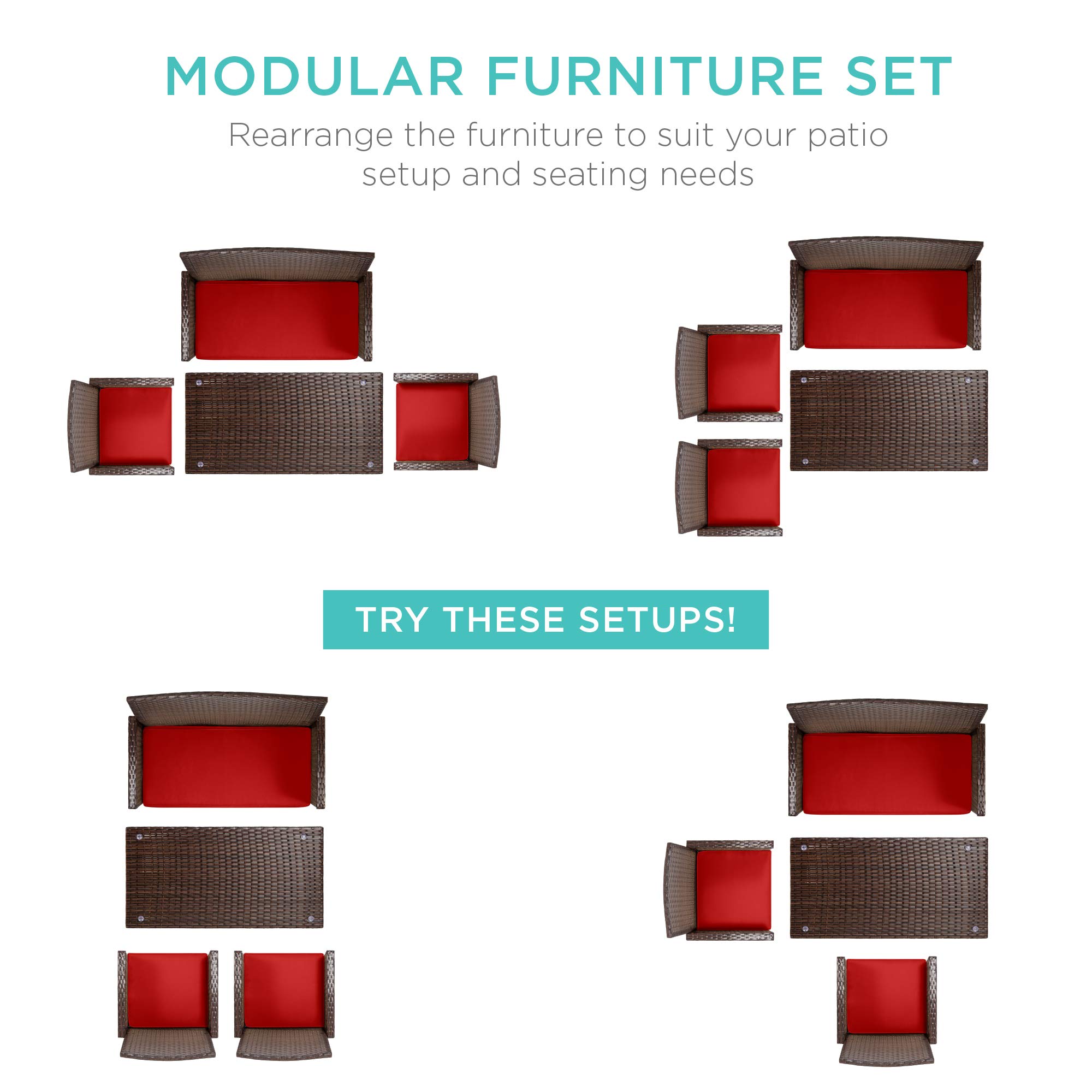 Best Choice Products 4-Piece Outdoor Wicker Patio Conversation Set with Coffee Table & Cushions - Brown/Red - Perfect for Backyard, Garden, and Poolside Relaxation