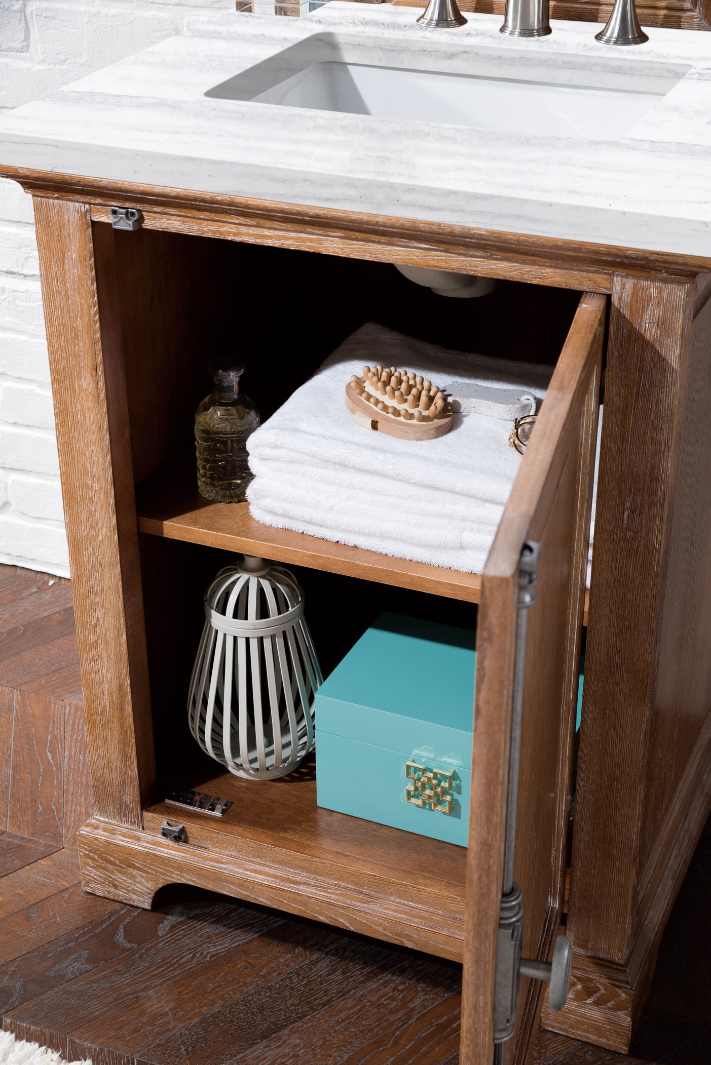 Providence 26 Inch Driftwood Bathroom Vanity with 3CM Arctic Fall Solid Surface Top - Perfect for Modern & Coastal Style Homes