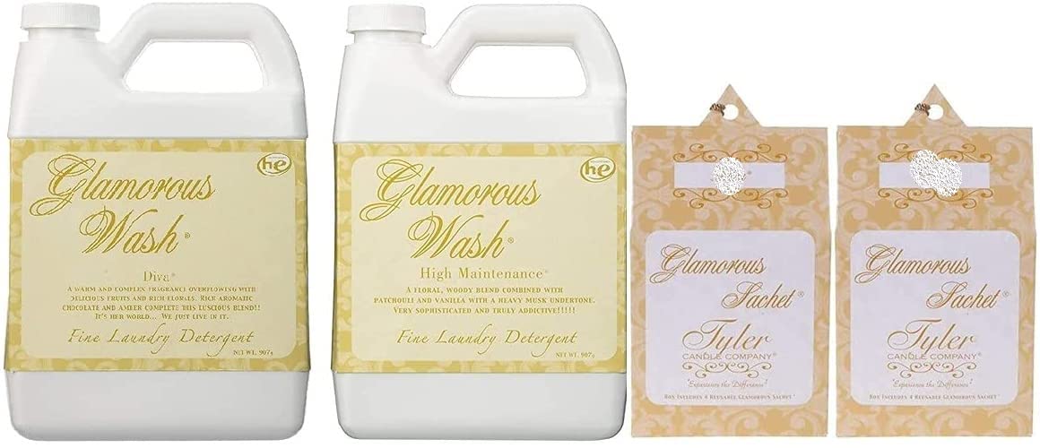 Tyler Candle Glamorous Wash Diva Laundry Detergent 32oz with Scented Sachets Bundle - Premium Fragrant Laundry Soap for Women, Luxury Wash for Delicates & Everyday Clothes - Perfect for Laundry Day, Gift Giving & Boudoir Linen Care