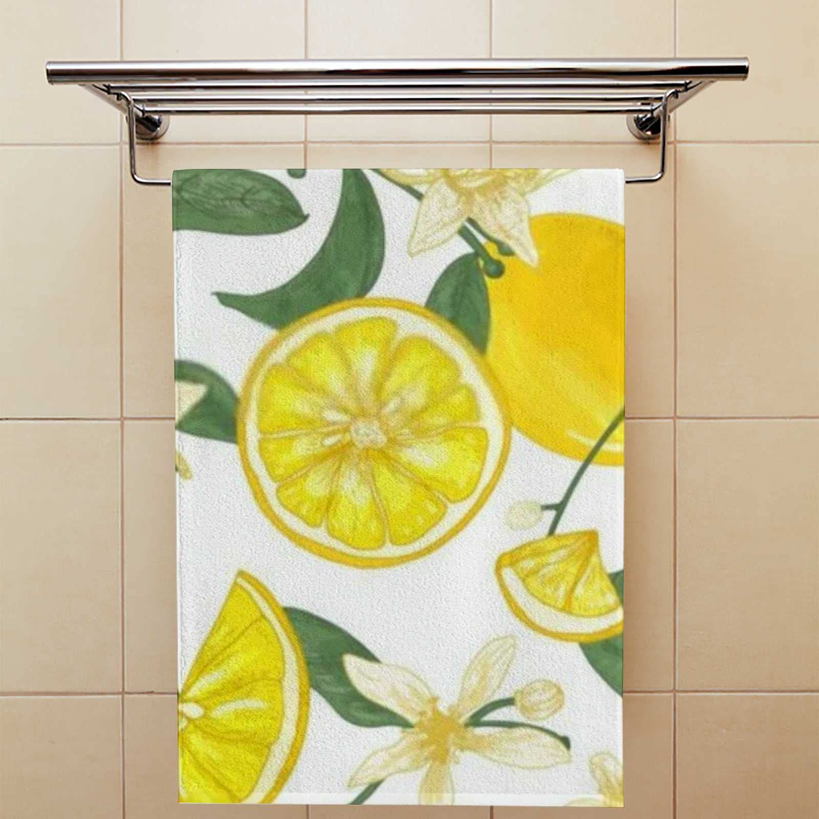 2-Piece Lemon Print Polyester Towel Set - Super Absorbent Bath Towel & Hand Towel (30x15 Inches) - Soft, Durable & Machine Washable - Perfect for Kitchen, Bathroom & Beach Use