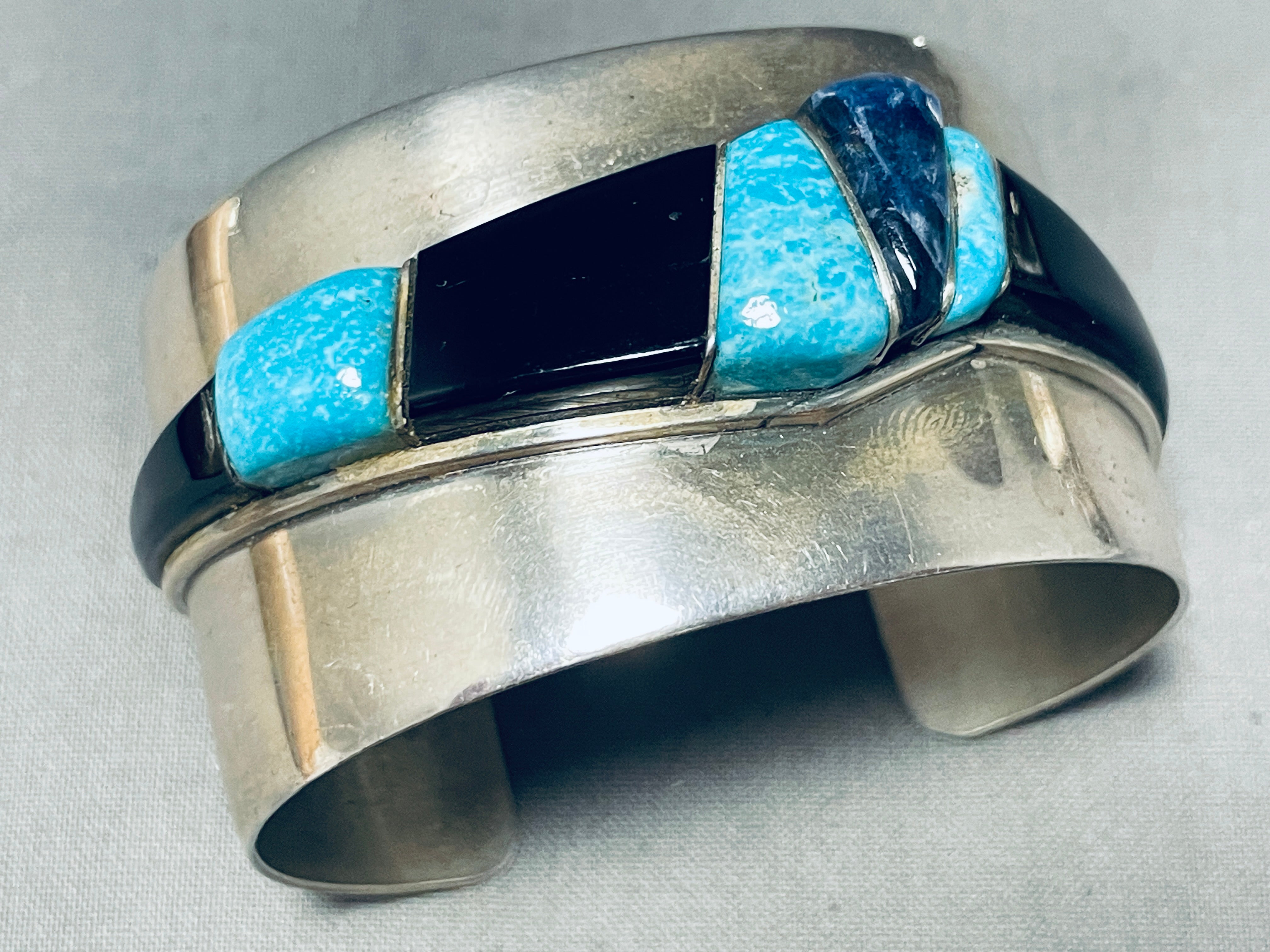 6 Inch Vintage Native American Navajo Turquoise Sterling Silver Inlay Bracelet - Handmade Water Wave Design Wrist Jewelry for Women - Perfect for Boho Fashion, Festivals & Gift Giving