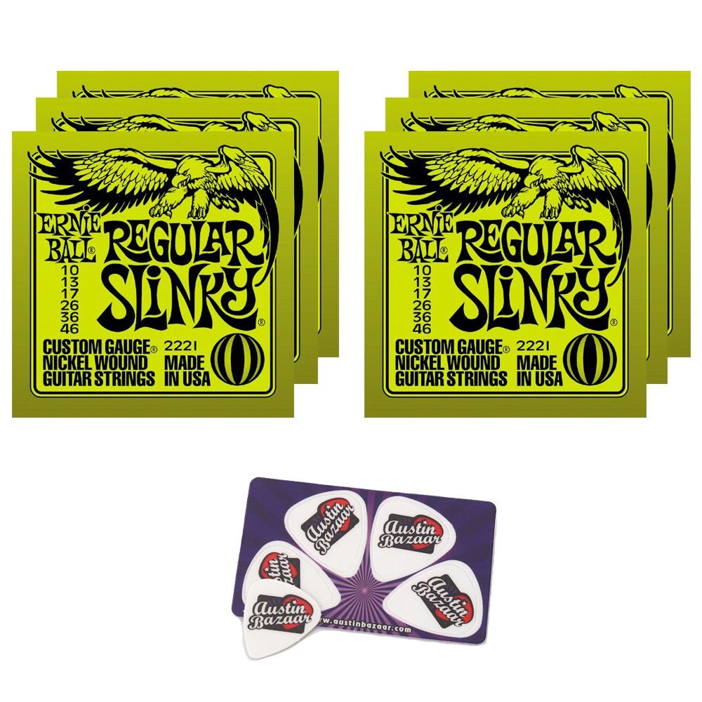 Ernie Ball 2221 Regular Slinky Electric Guitar Strings (10-46 Gauge) - 6 Pack with Free Picks - Perfect for Rock, Blues & Studio Recording