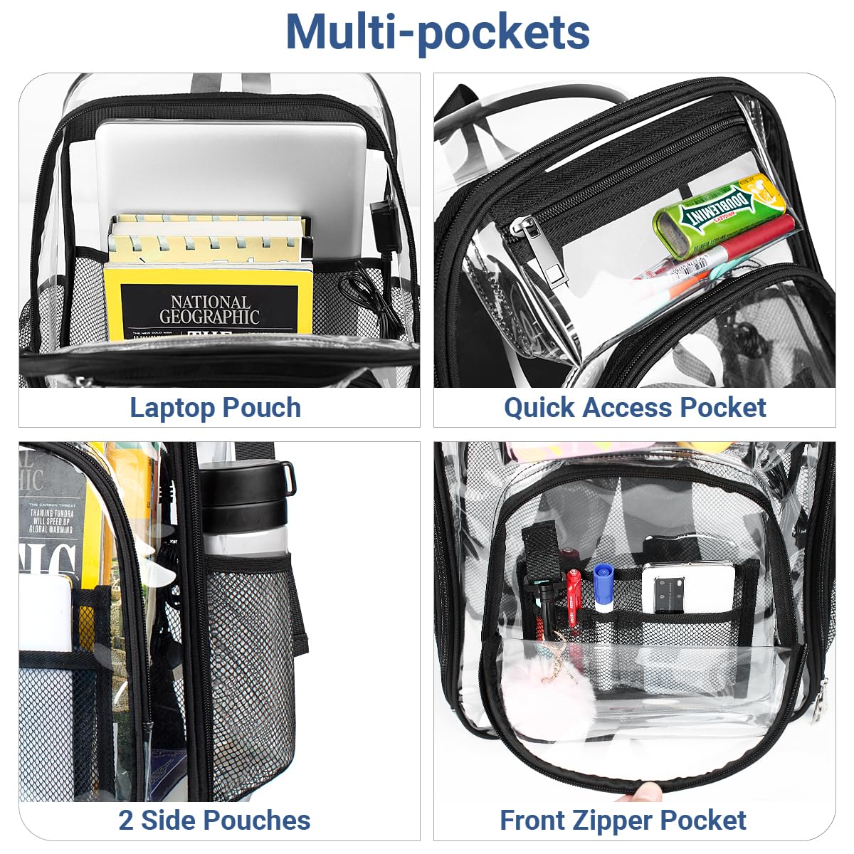 Clear Transparent Backpack with USB Charging Port - Heavy Duty PVC 15.6 Inch Laptop Backpack for School, Travel & Work - Stadium Approved See-Through Bookbag for Women, Men & Kids - Perfect for Security Checks, College & Outdoor Activities
