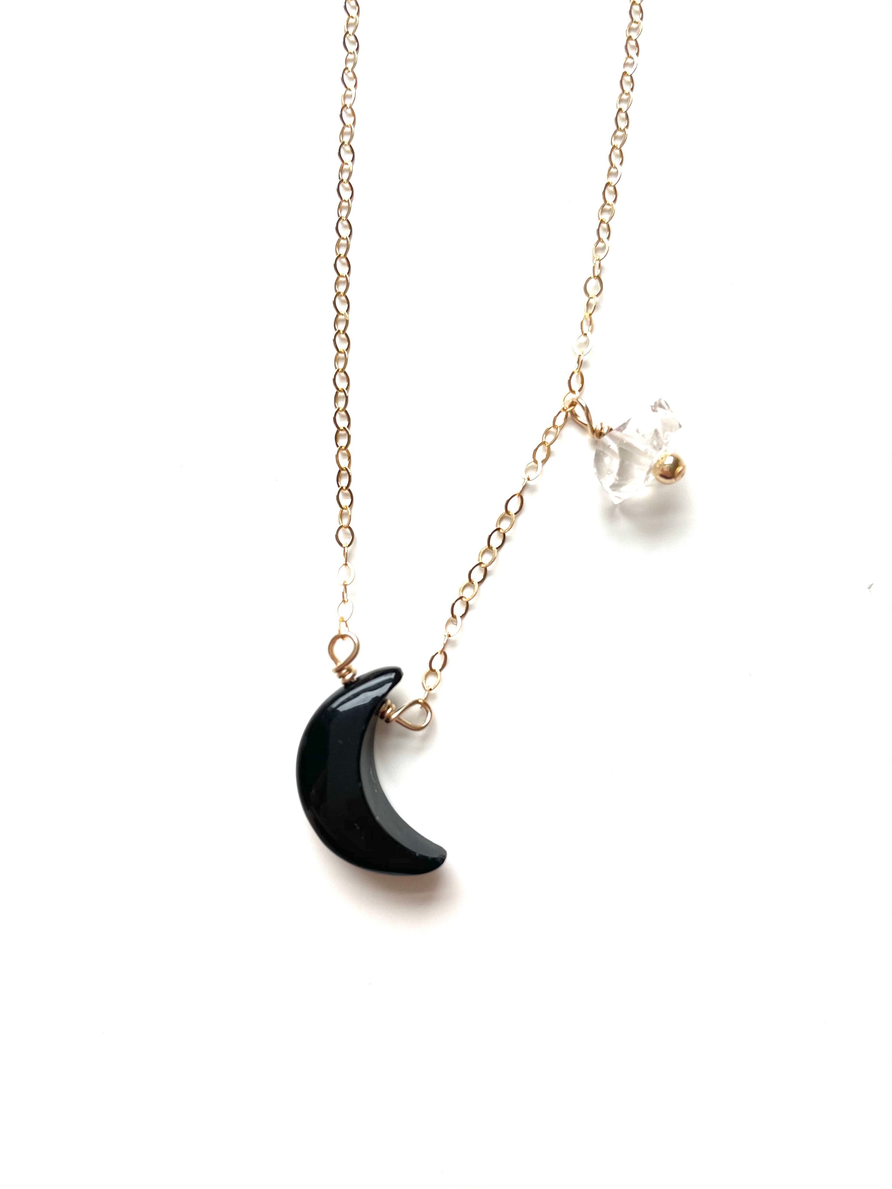 Black Onyx Crescent Moon Necklace with Herkimer Diamond Accent - 14K Gold Filled or Sterling Silver - Perfect for Boho Jewelry, Spiritual Healing & Everyday Elegance