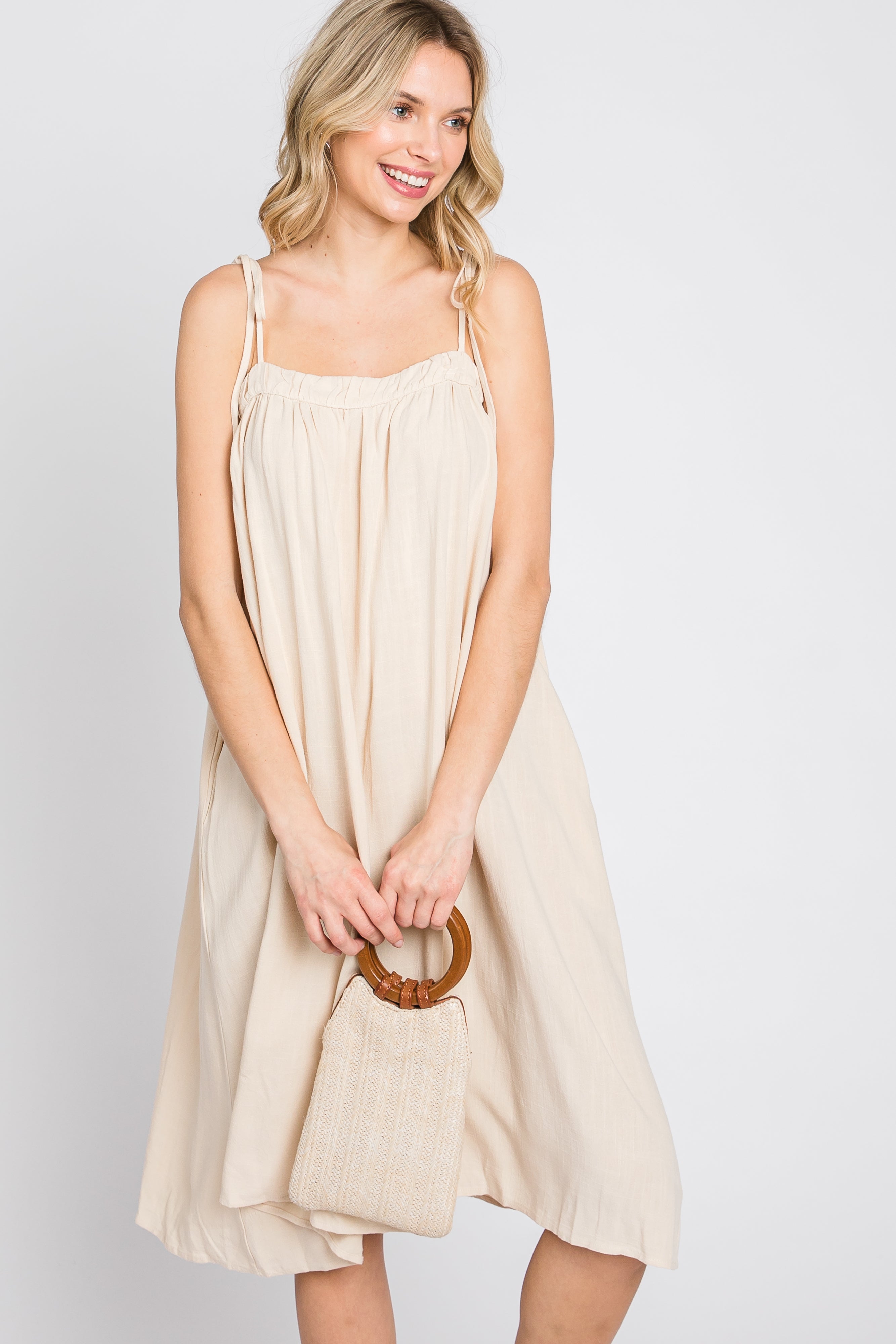 Elegant Beige Shoulder Tie Dress for Women - Summer Casual & Party Wear - Perfect for Date Nights, Weddings & Beach Outings