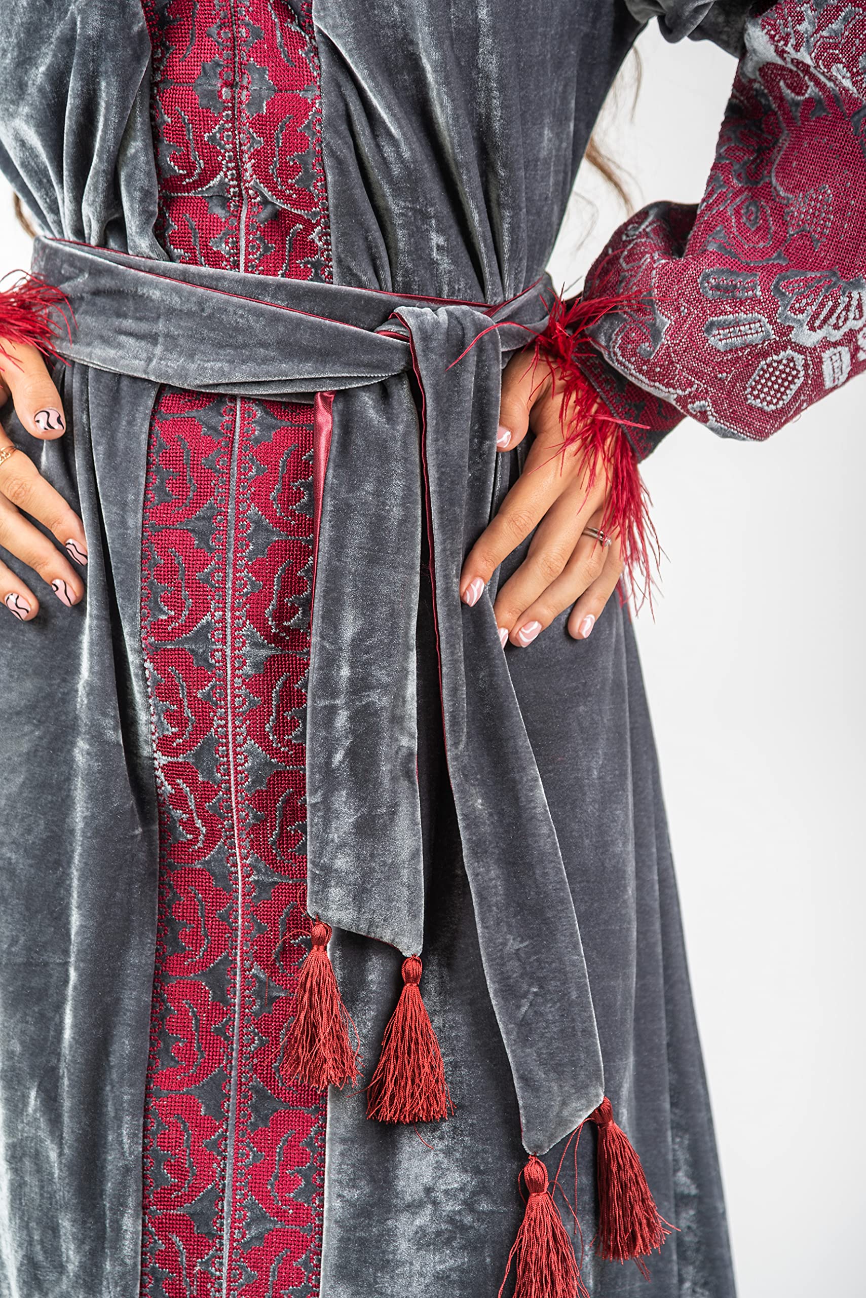 Elegant Velour Long Dress with Embroidery - Gray Bohemian Boho Chic Signature Long Sleeve Dress (Vyshyvanka Style) | Perfect for Weddings, Parties & Special Occasions