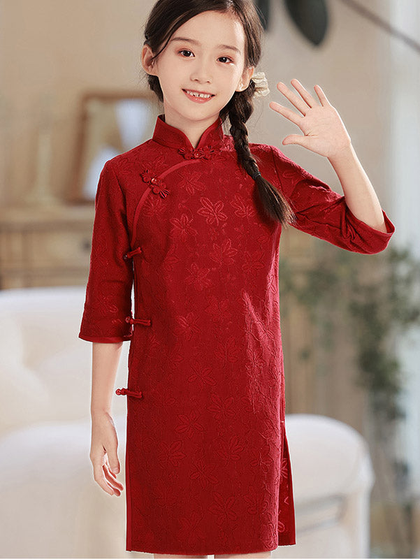 Elegant Red Floral Mom and Daughter Matching Qipao Cheongsam Dress | Traditional Chinese Dress for Family Photos, Cultural Events & Special Occasions