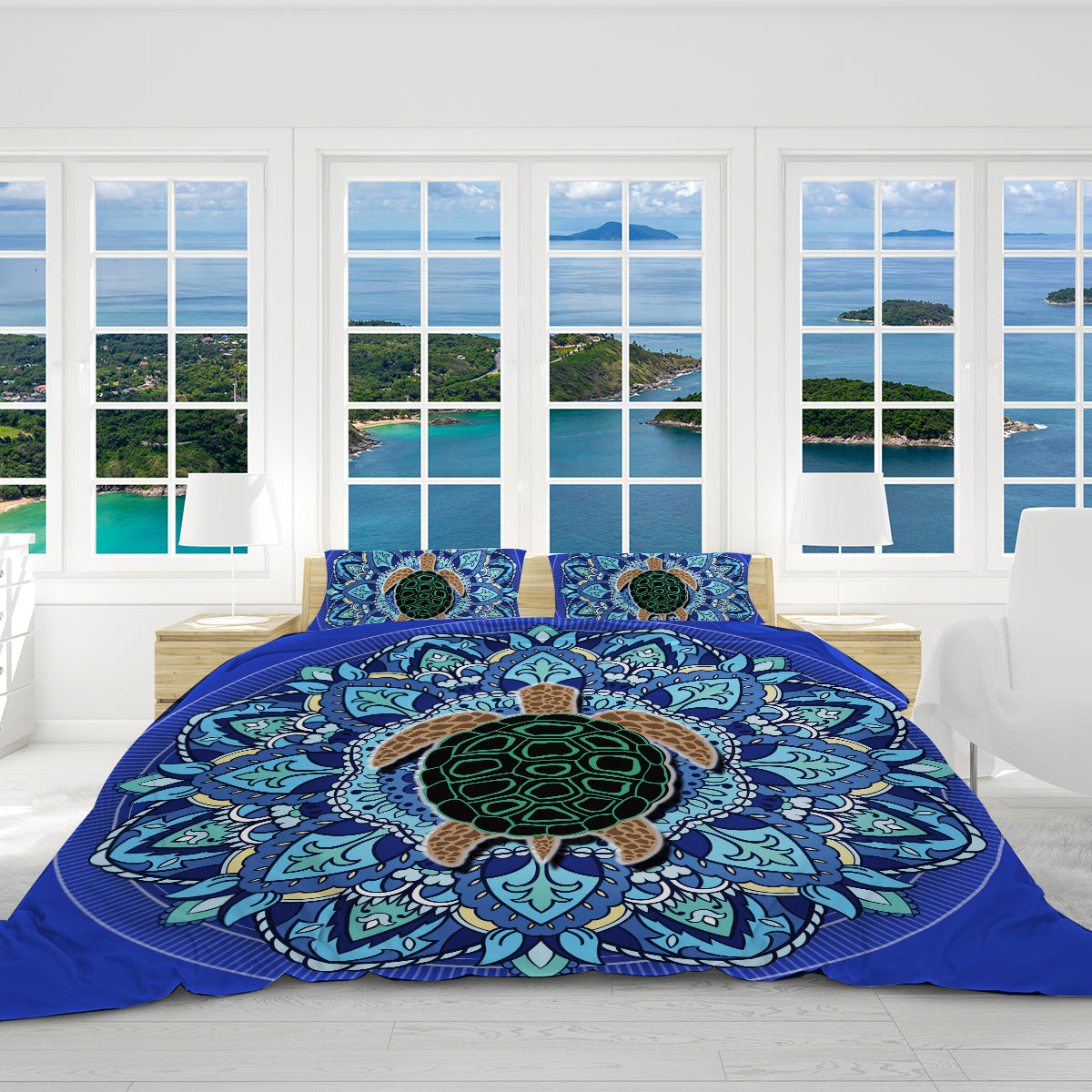 Blue Mandala Turtle Reversible Comforter Set - King Size Bedding with Matching Pillow Shams - Perfect for Boho Chic Bedroom Decor & Guest Room Makeover
