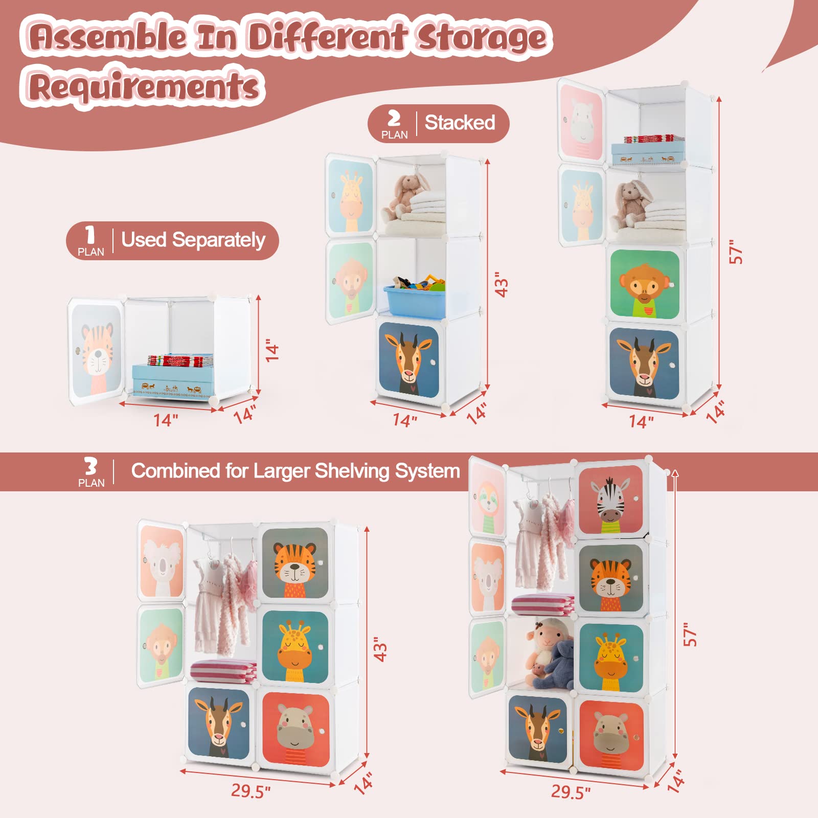Costzon Kids Closet Organizer - 8-Cube DIY Modular Dresser with Clothes Hanging Rack, Portable Wardrobe for Toddlers & Children, White Nursery Storage Solution for Bedroom & Playroom Organization