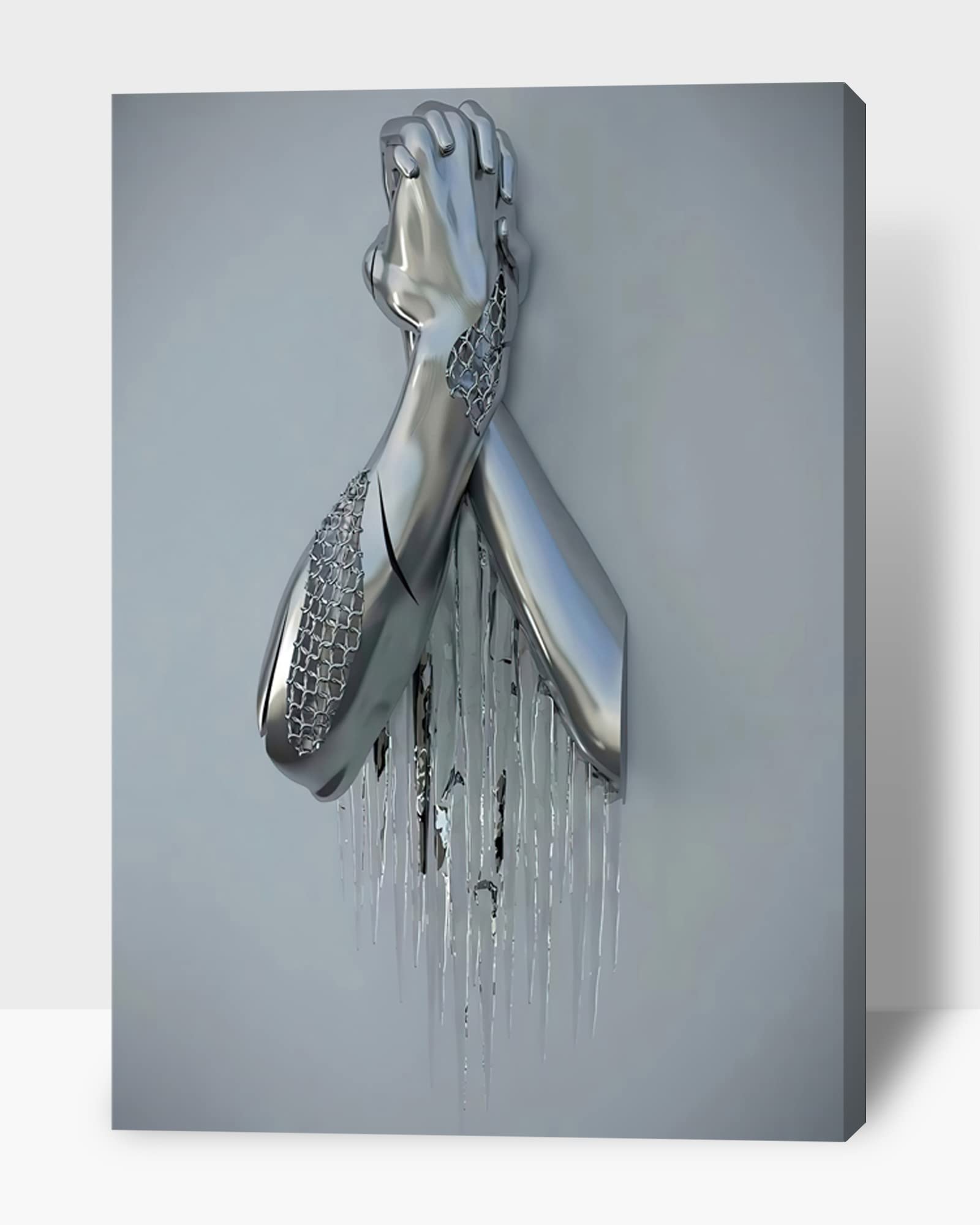 3D Metal Effect Silver Handshake Canvas Wall Art - Modern Framed Wall Decor for Bedroom & Living Room - Valentine's Day Gift for Couples - 32x48 Inches - Perfect for Home Office Decor & Wedding Anniversary Presents