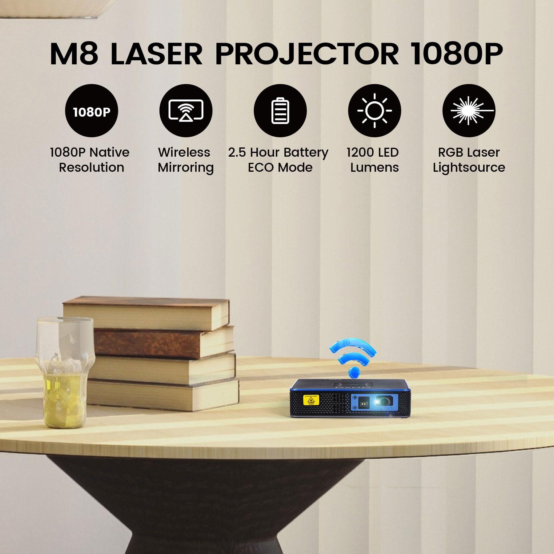 AAXA M8 Ultra Bright 4K Mini Projector - 1200 Laser Lumens, 2.5 Hour Battery Life, Portable for Business & Outdoor Use | Android OS, USB-C, HDMI, Keystone Correction | Perfect for Home Theater, Camping & Presentations
