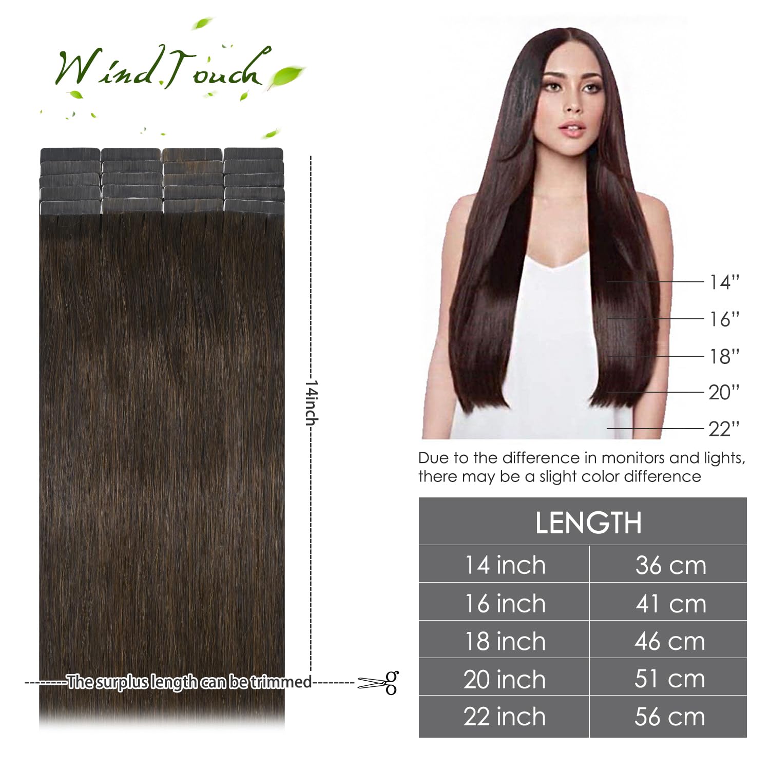 WindTouch Dark Brown Tape in Hair Extensions for Women - 20pcs 14Inch Seamless Skin Weft Real Human Remy Hair (50g) | Brunette Straight Extensions for Thickening & Styling | Perfect for Weddings, Parties & Daily Volume Boost