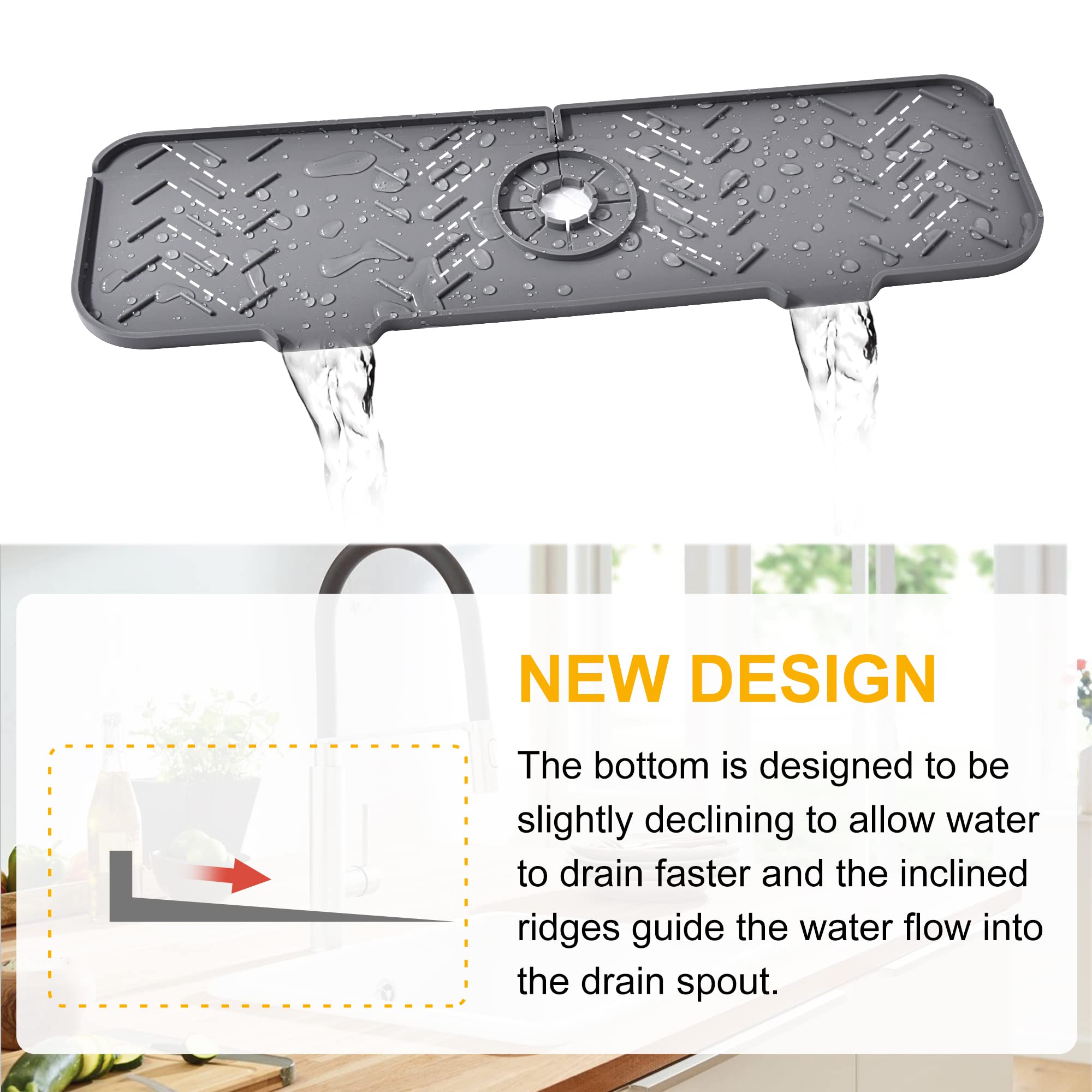 Premium Silicone Kitchen Sink Splash Guard & Faucet Drip Catcher Tray - Non-Slip Sponge Holder & Sink Protector Mat (19.7