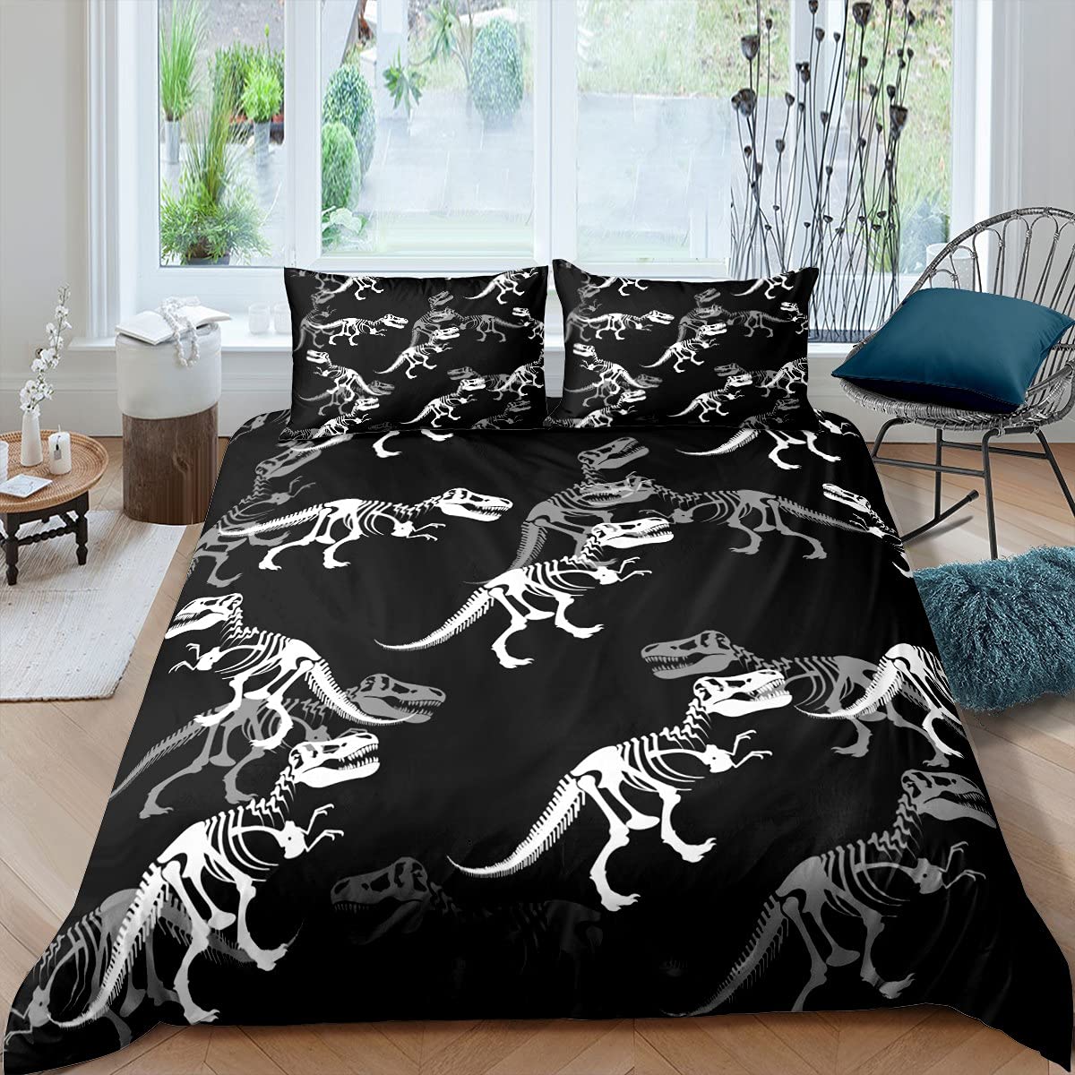 Dinosaur Bones Duvet Cover Set Twin Size - Cartoon Dino Bedding for Kids & Teens, Boys & Girls Room Decor | Animal Skeleton Comforter Cover with Pillowcase | Perfect for Dinosaur Themed Bedrooms & Kids' Room Makeovers