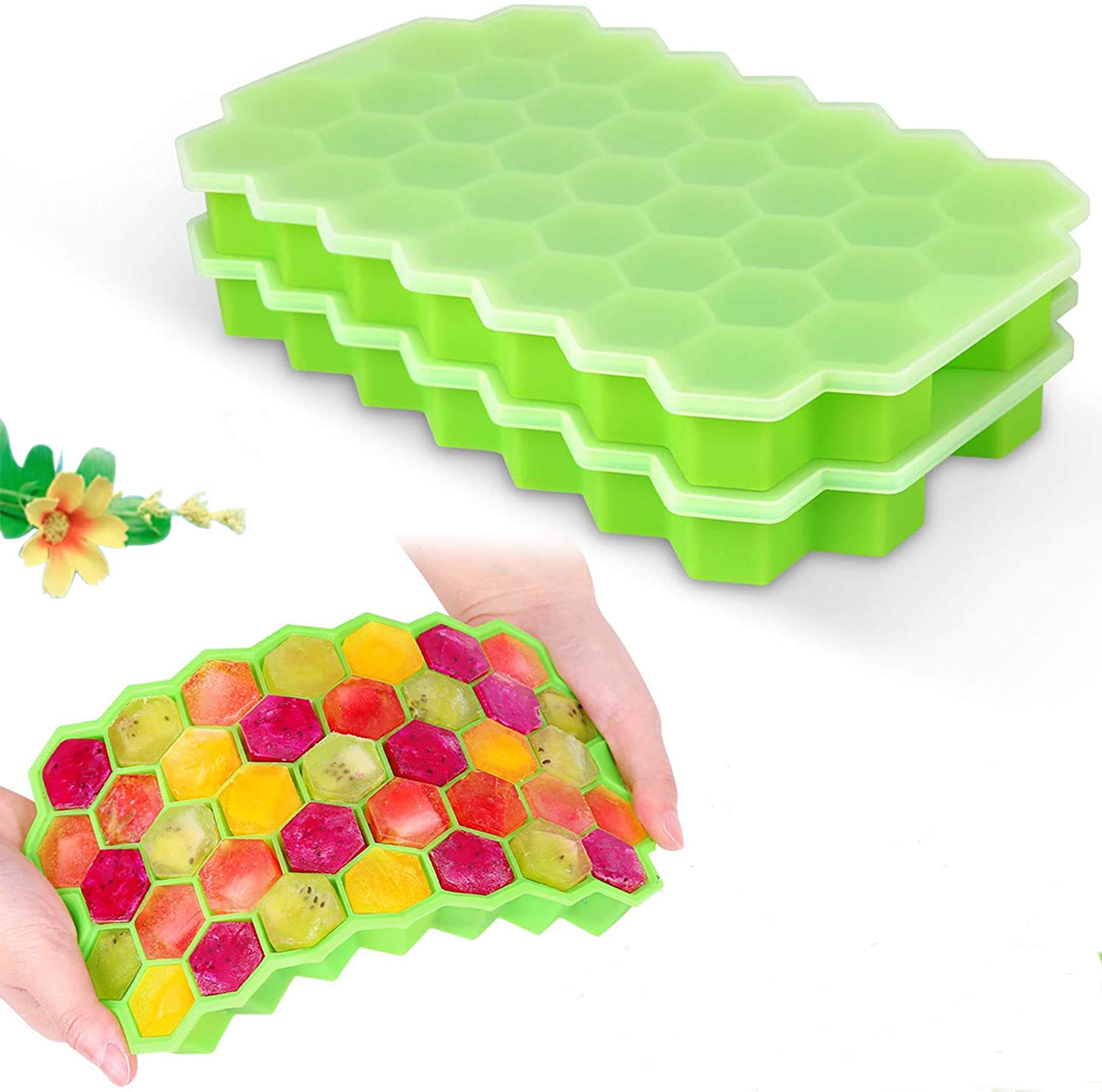 Flexible Silicone Ice Cube Trays with Lids - 2 Pack (74 Cubes Total) - Perfect for Chilled Drinks, Whiskey, Cocktails & Home Bars - BPA-Free, Non-Stick, Easy Release Ice Mold for Parties & Entertaining