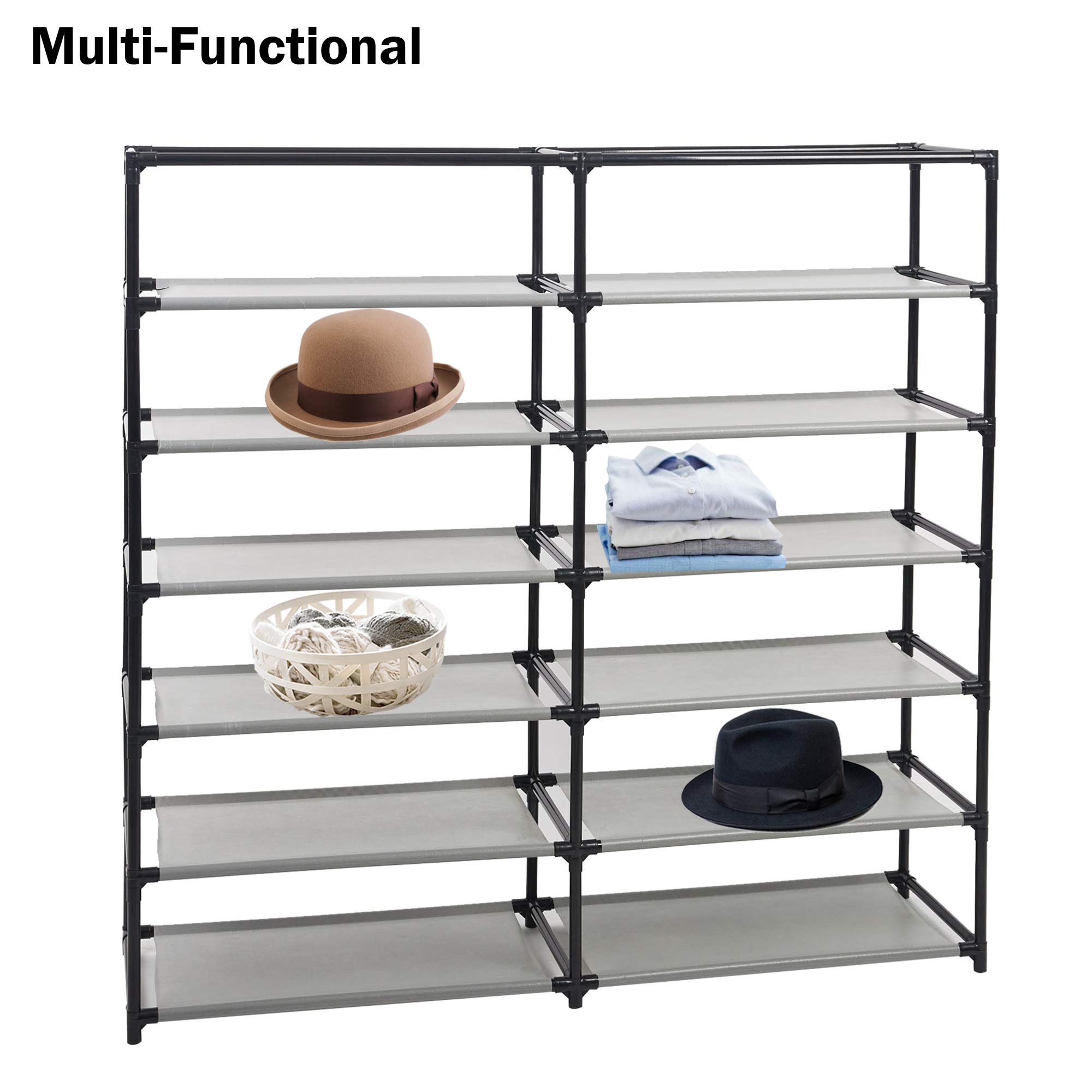 Double Row 7-Tier Adjustable Shoe Rack with Non-Woven Fabric Cover - Space Saving Closet Organizer for Shoes, Clothing & Accessories Storage - Perfect for Bedroom, Entryway or Walk-in Closet (Red)