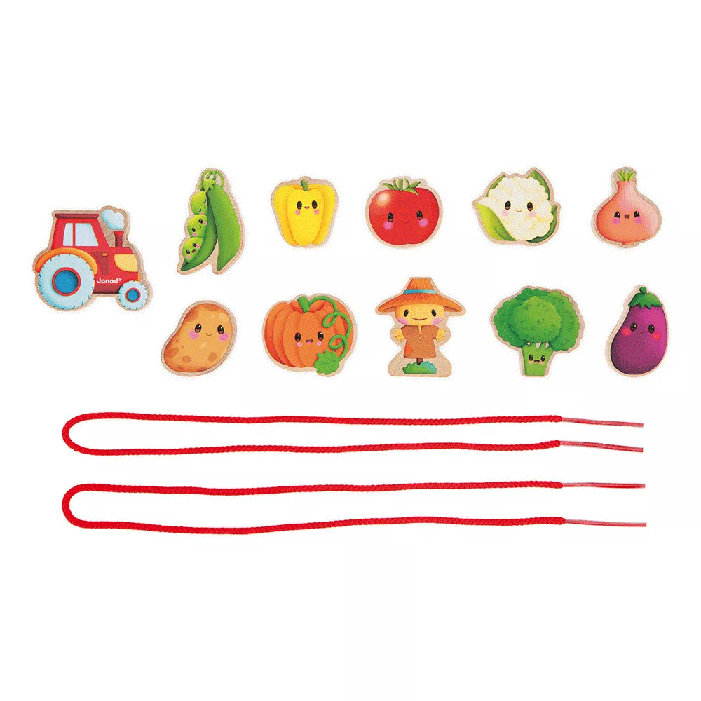 Janod Vegetable Garden Threading Beads - Educational Wooden Toy for Kids Fine Motor Skills Development - Perfect for Preschool Learning & Montessori Activities