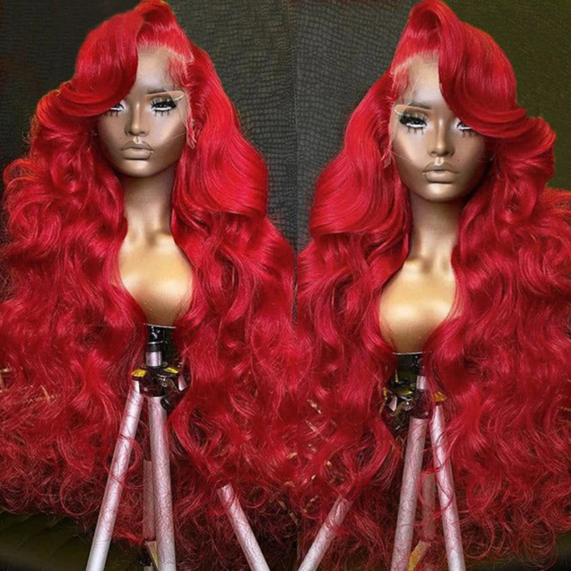 Eullair Nicki Minaj Inspired Red Straight/Body/Deep Wave Human Hair Lace Frontal Wig for Women with Pre-Plucked Hairline - Perfect for Cosplay, Parties & Daily Wear