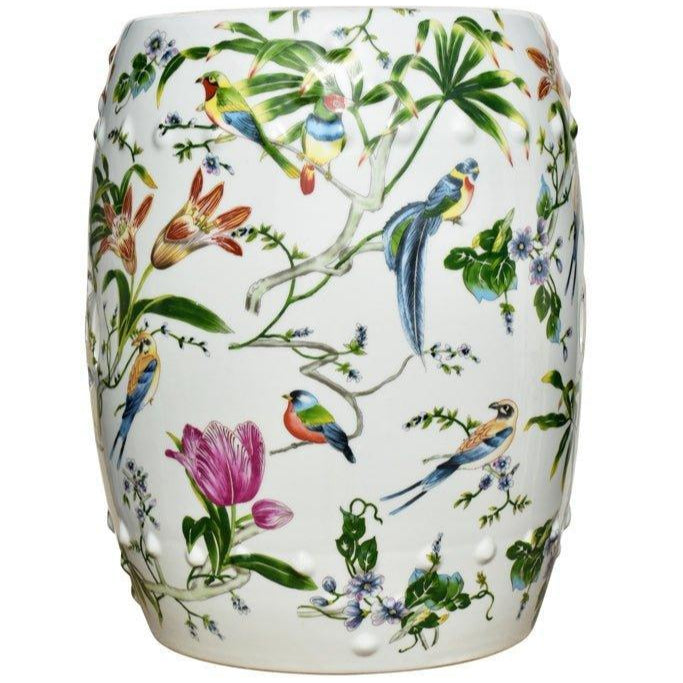 Birds and Lilies Porcelain Garden Seat - Elegant Outdoor Decor for Patio, Garden, and Porch