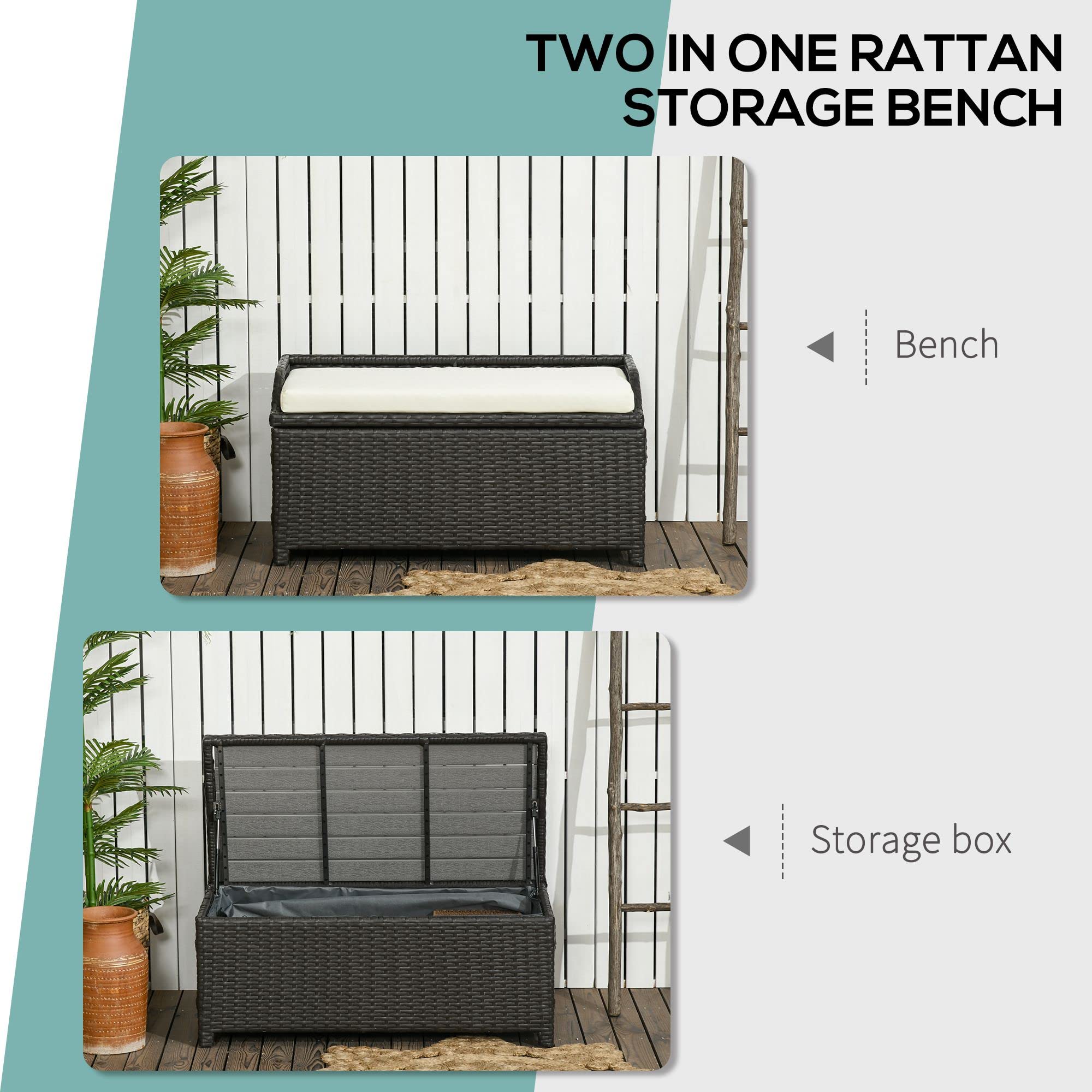 Outsunny 38 Gallon Outdoor Wicker Storage Bench Deck Box - Waterproof PE Rattan Patio Furniture with Cushion & Storage Bag - Perfect for Poolside, Garden, Deck, and Patio Organization