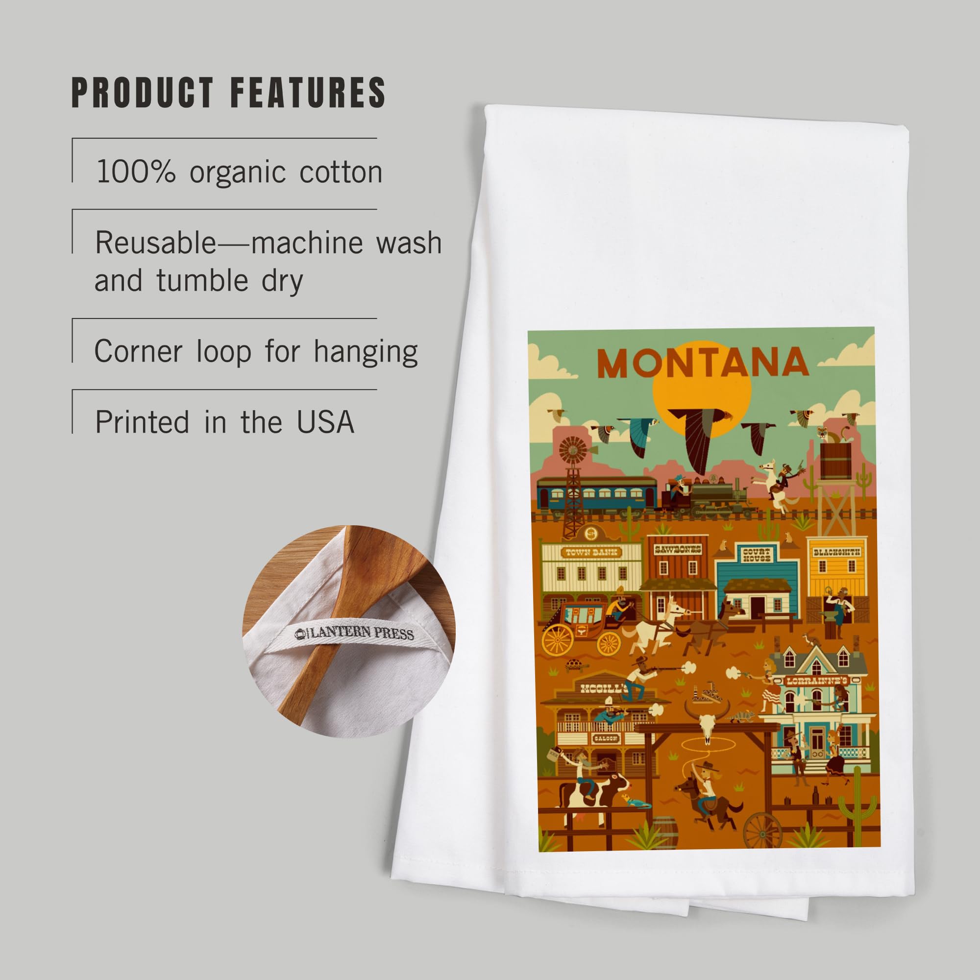 Lantern Press Montana Old Town Geometric Artwork - 100% Cotton Tea Towel & Decorative Hand Towel for Kitchen, Home Decor | Perfect for Dish Drying, Gift Giving & Farmhouse Style Decor