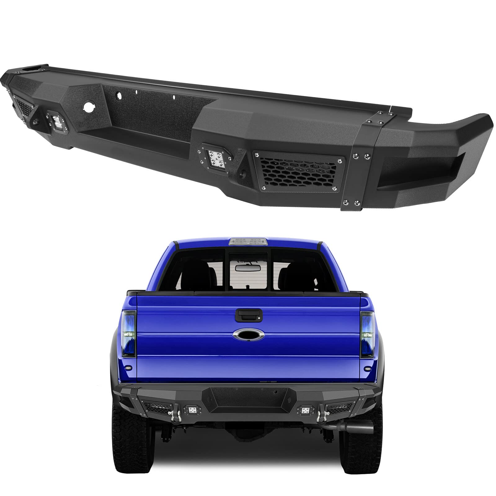 SCITOO Rear Bumper Replacement for 2009-2014 Ford F-150 with D-Ring & LED Lights - Textured Black - Heavy Duty Off-Road Truck Accessory for Towing & Adventure