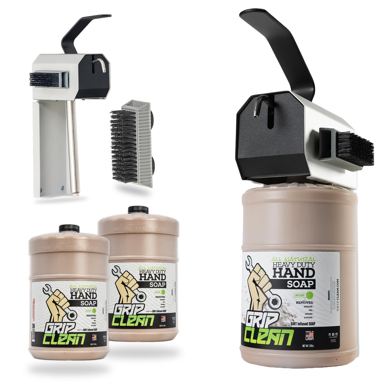 Grip Clean 4 Pack Combo - Heavy Duty Pumice Hand Soap for Mechanics with Wall Mount Dispenser | 2 Gallons Natural Clay & Coconut Oil Hand Cleaner | Ideal for Auto Shops, Industrial Work & Garage Use