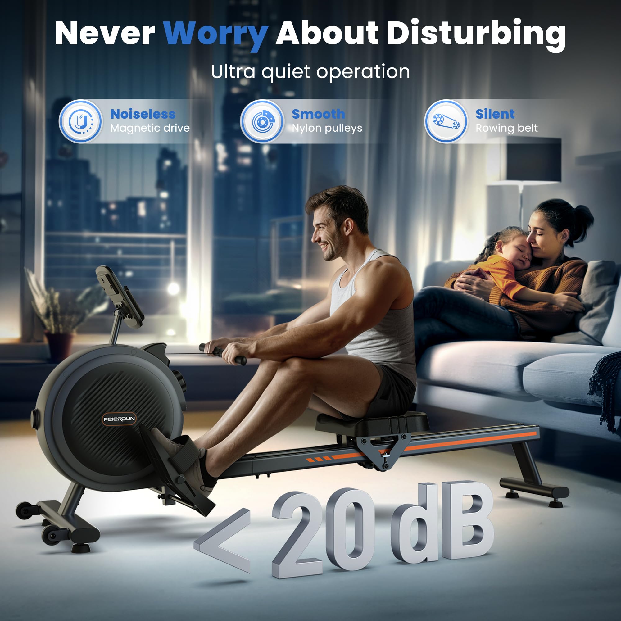 FEIERDUN Magnetic Rowing Machine for Home - 350LBS Weight Capacity, Dual Slide Rail, Bluetooth APP Connectivity - Perfect for Home Gym, Cardio Workouts & Full Body Training