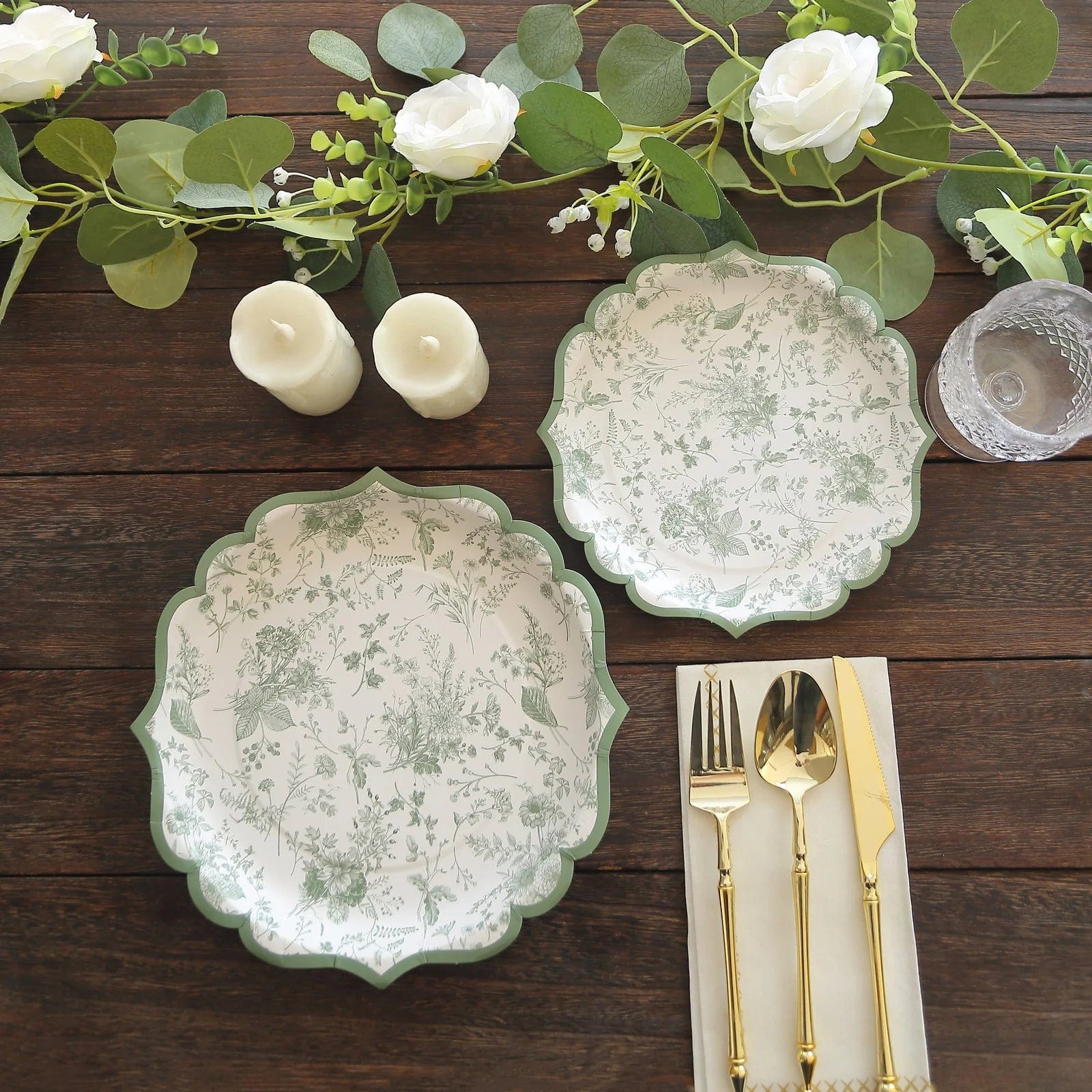 25-Pack White and Sage Green Floral Leaf Print Paper Plates with Scalloped Rim - Elegant Disposable Tableware for Weddings, Baby Showers & Garden Parties