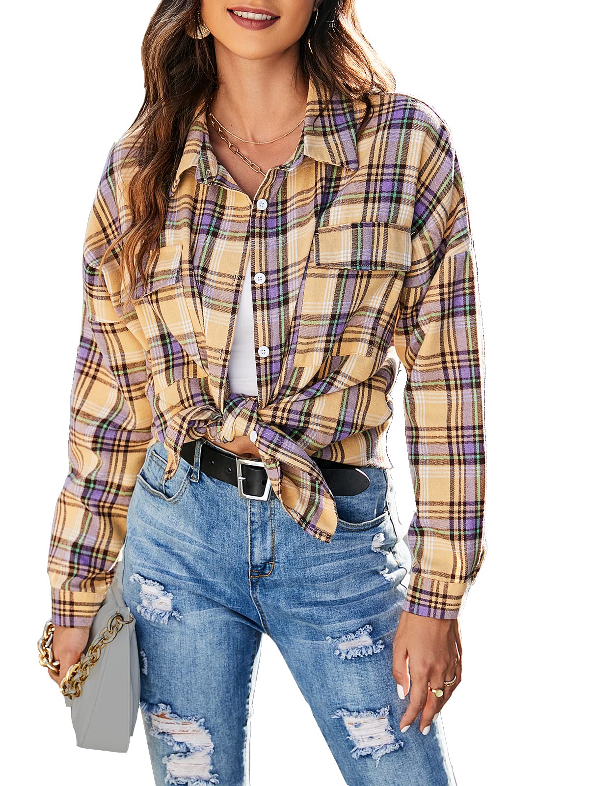 Blooming Jelly Women's Flannel Shacket - Plaid Button Down Long Sleeve Collared Shirt for Business Casual & Work | Perfect for Office Wear, Fall Layering & Weekend Outfits