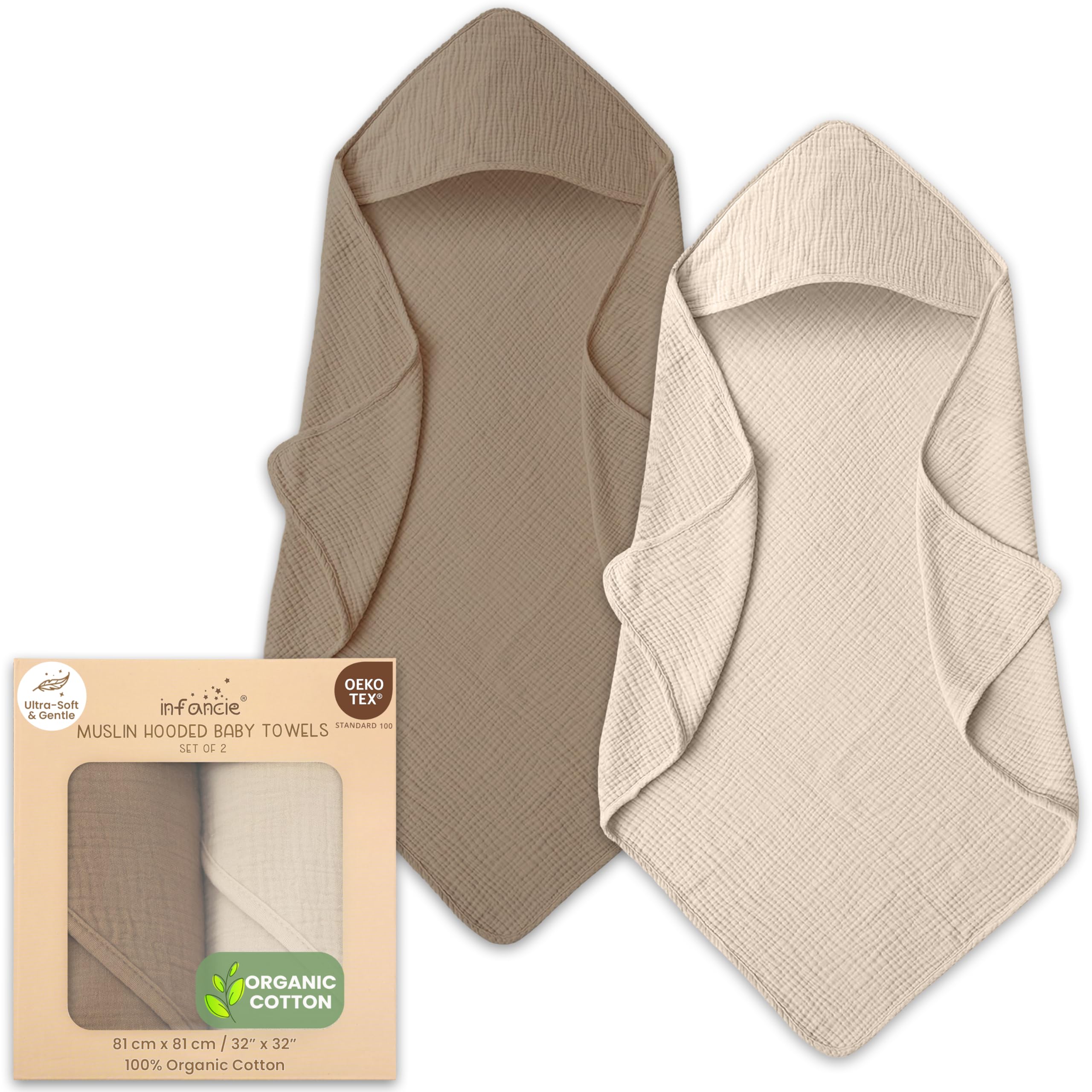 Organic Cotton Muslin Baby Hooded Towels - 32x32 Inch, 2 Pack Soft & Absorbent Newborn Bath Towels for Boys & Girls (Olive/Ivory) - Perfect for Bath Time, Swimming, and Post-Bath Snuggles