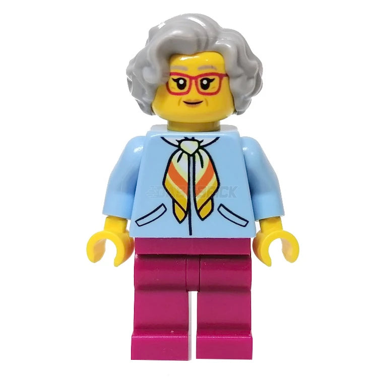**LEGO Minifigure Woman Grandma with Light Grey Hair & Blue Jacket – Perfect for Collectors, DIY Scenes, and LEGO City Sets**