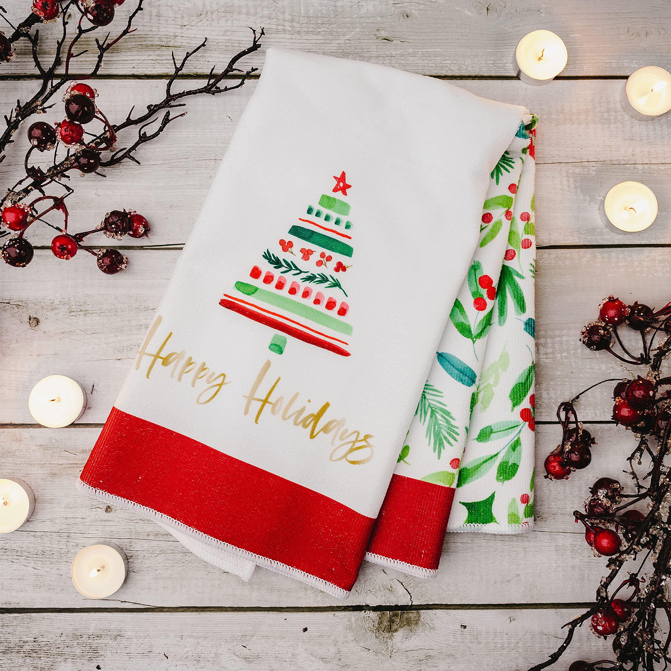 Set of 2 Christmas Holiday Tea Towels 27.5x19.75 Inch - Festive Winter Kitchen & Bathroom Towels for Decor, Gift & Holiday Cleaning - Perfect for Christmas Decorations, Hostess Gifts & Seasonal Home Use