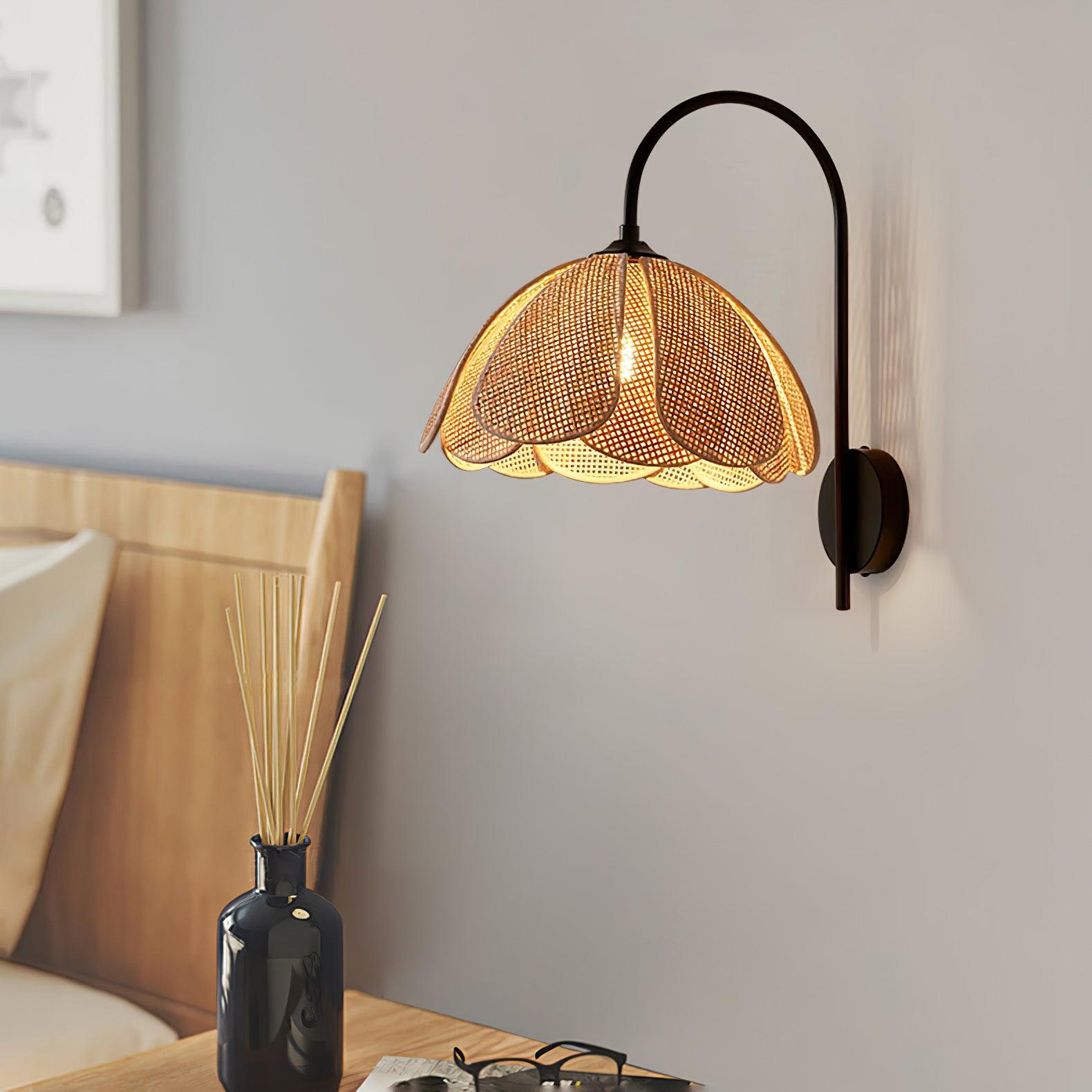 Rattan Petal Wall Lamp - Boho Natural Woven Rattan Light Fixture for Bedroom, Living Room, or Patio Decor | Indoor & Outdoor Use