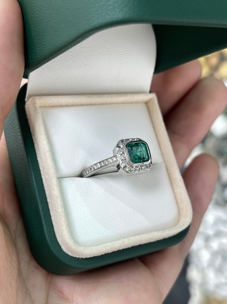 1.45tcw Intense Green Emerald & Diamond Halo Engagement Ring in 18K Gold - Perfect for Proposals, Weddings & Anniversary Gifts