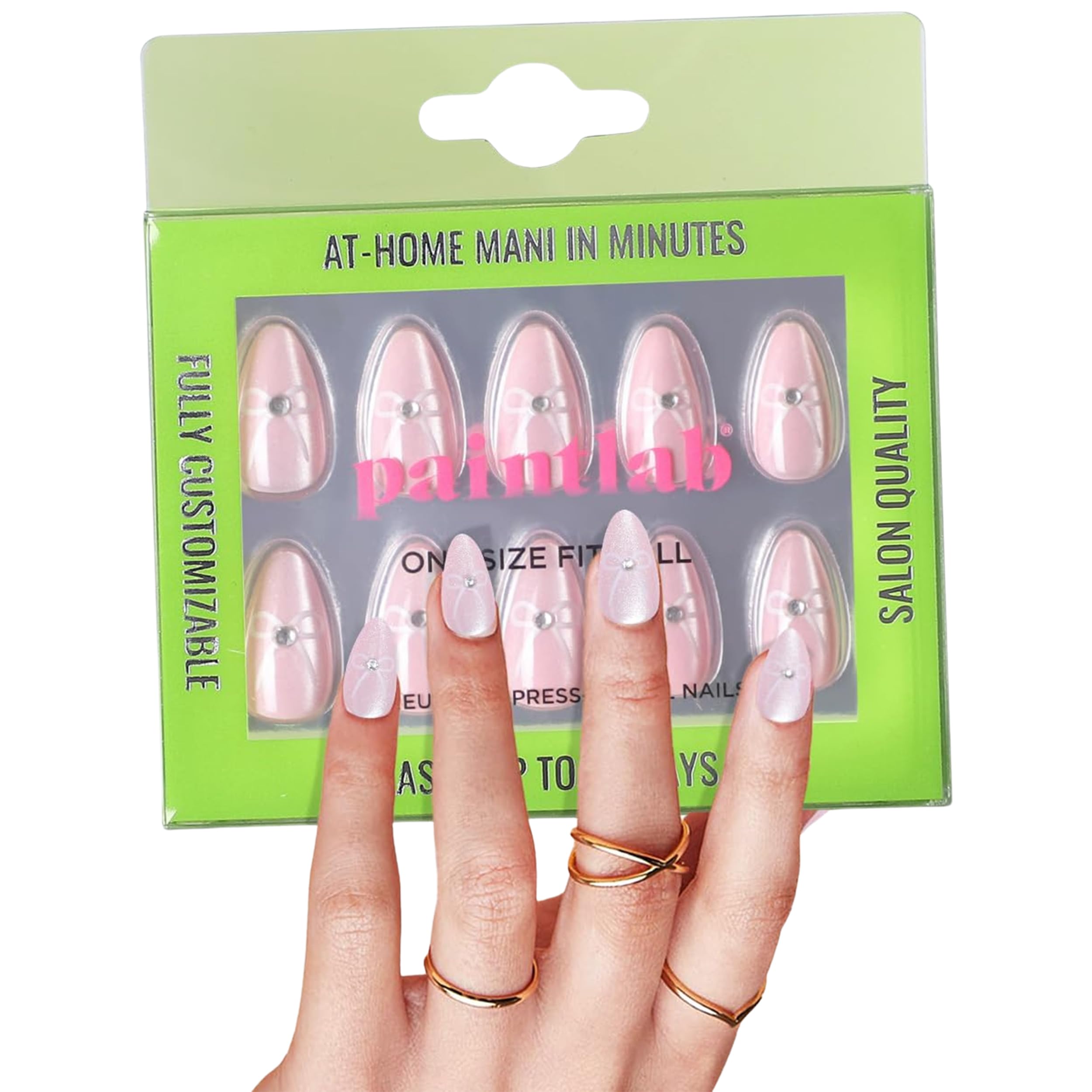 PaintLab Press-On Nails Manicure Kit - 24-Piece Pink Coquette Fake Nails with Glue, Nail File, Prep Pad & Cuticle Stick | Long-Lasting Artificial Nails for Women | Perfect for Parties, Weddings & Everyday Wear