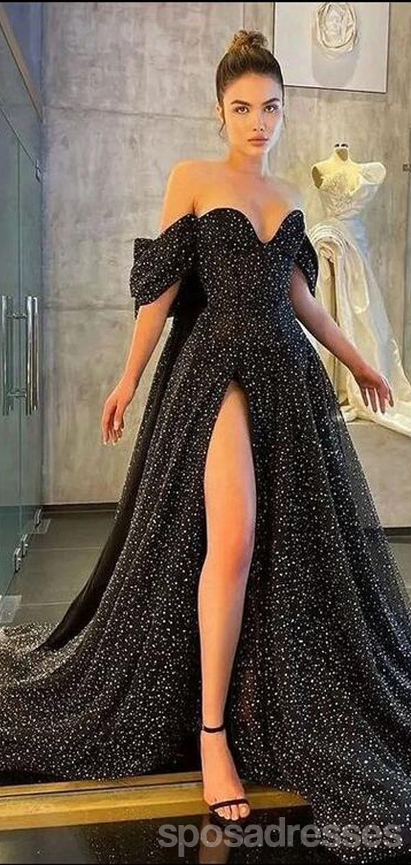 Elegant Black A-Line High Slit Off-Shoulder Maxi Long Prom Dress for Women | Formal Evening Gown | Perfect for Prom, Homecoming, Cocktail Parties & Special Occasions